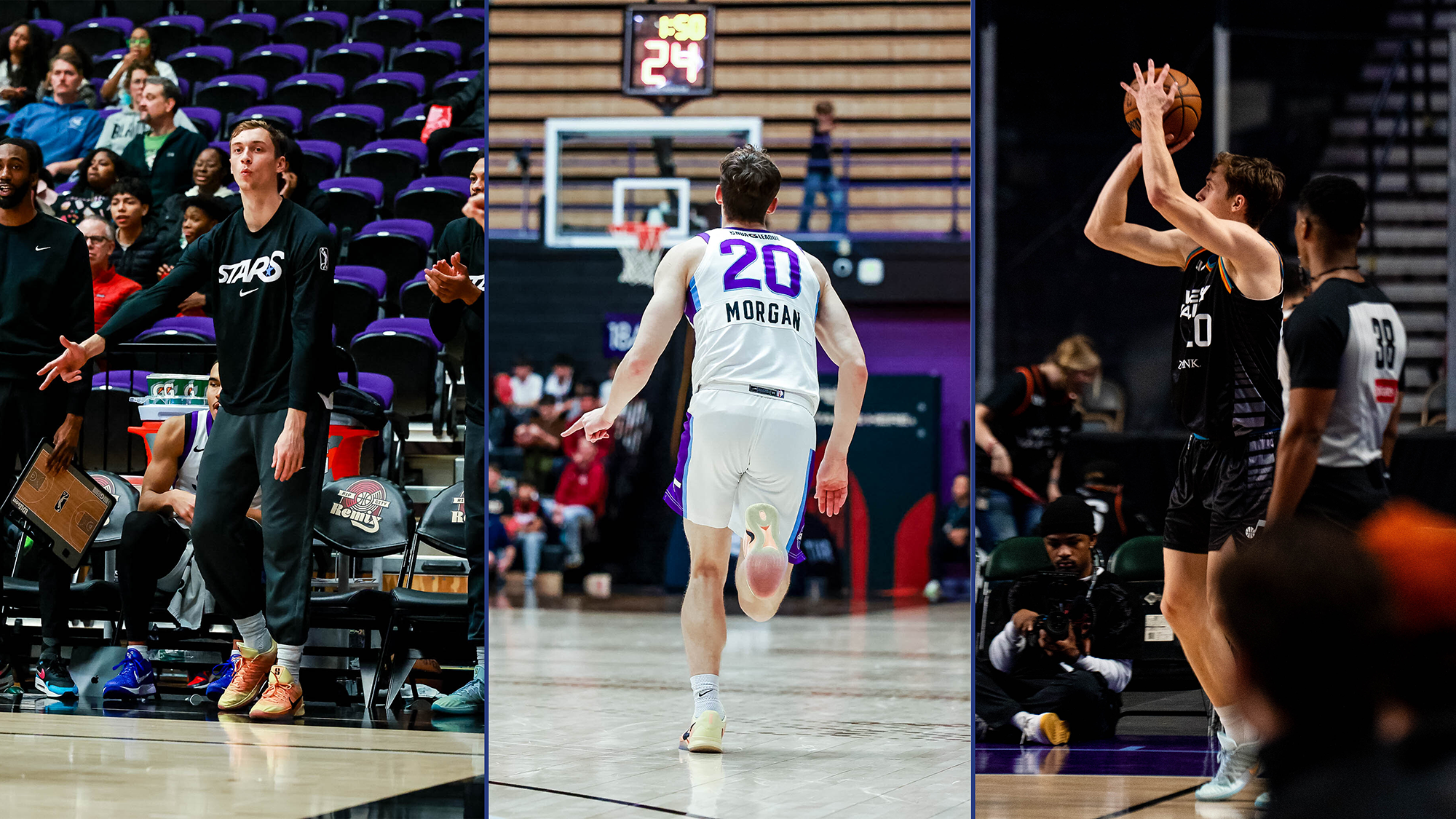 Photos of men's basketball player Hank Morgan with the Salt Lake City Stars in 2025