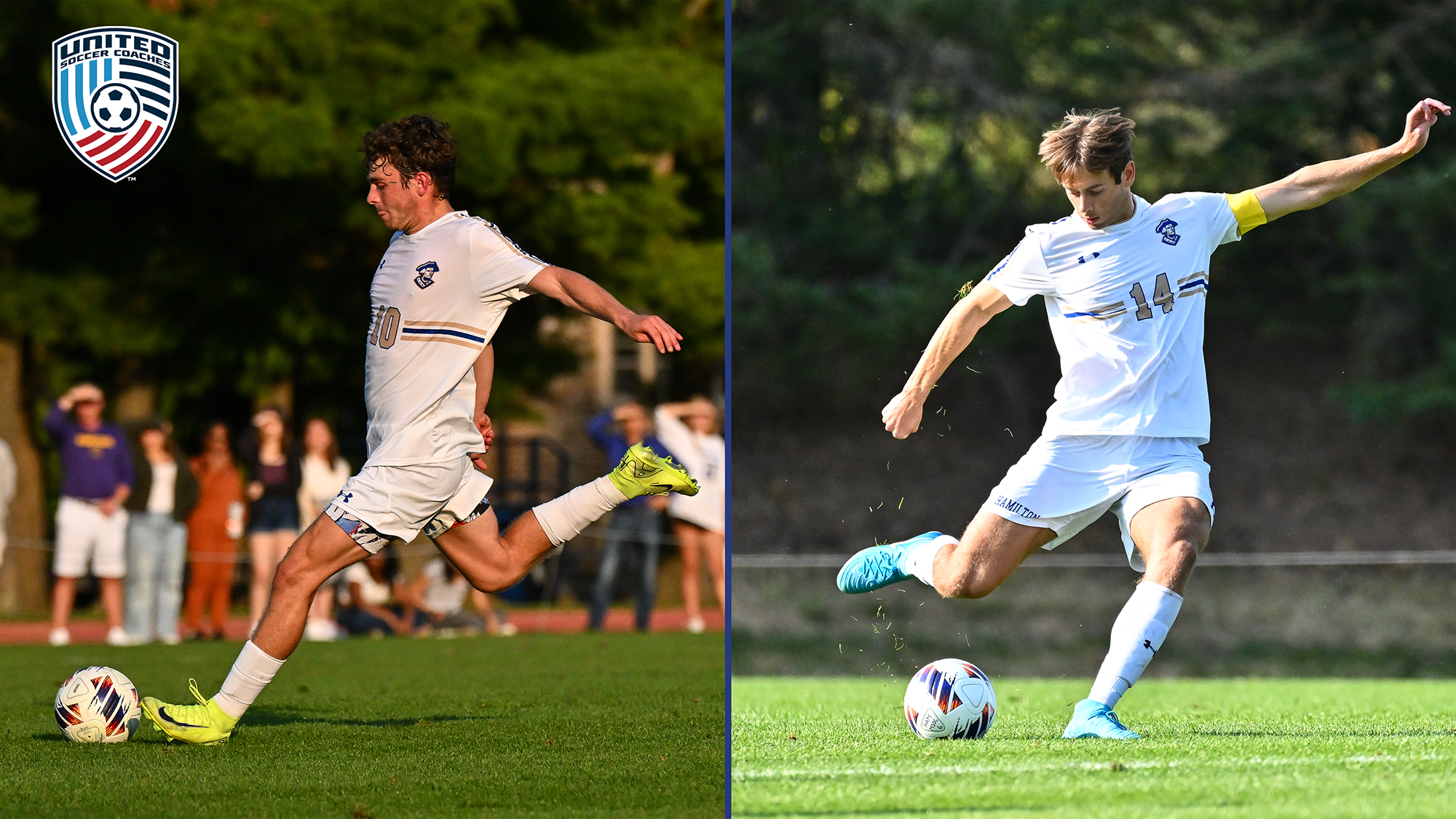 Action photos of two Men's Soccer players on the 2025 all-region team