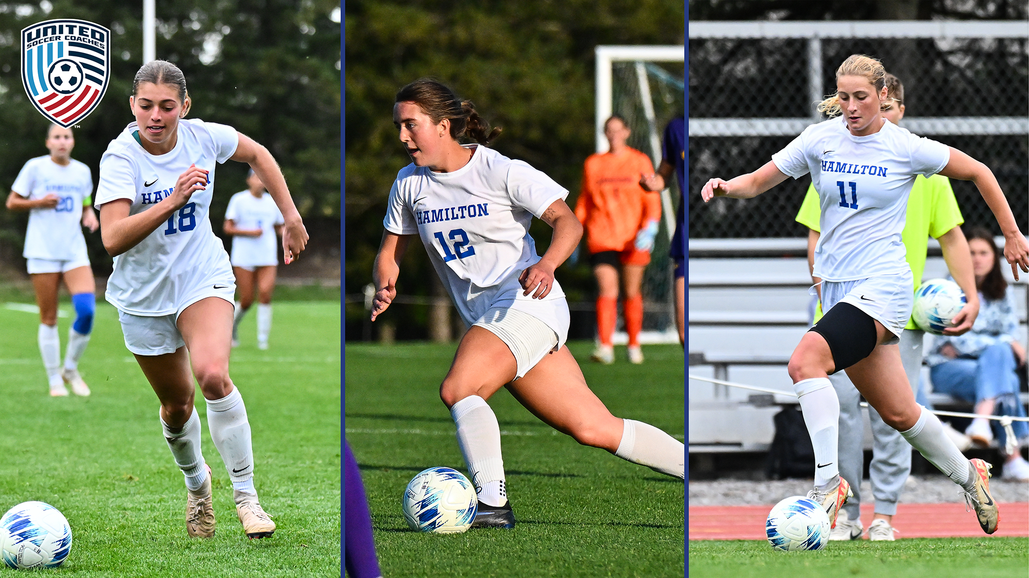 Action photos of three Women's Soccer players on the 2025 all-region team