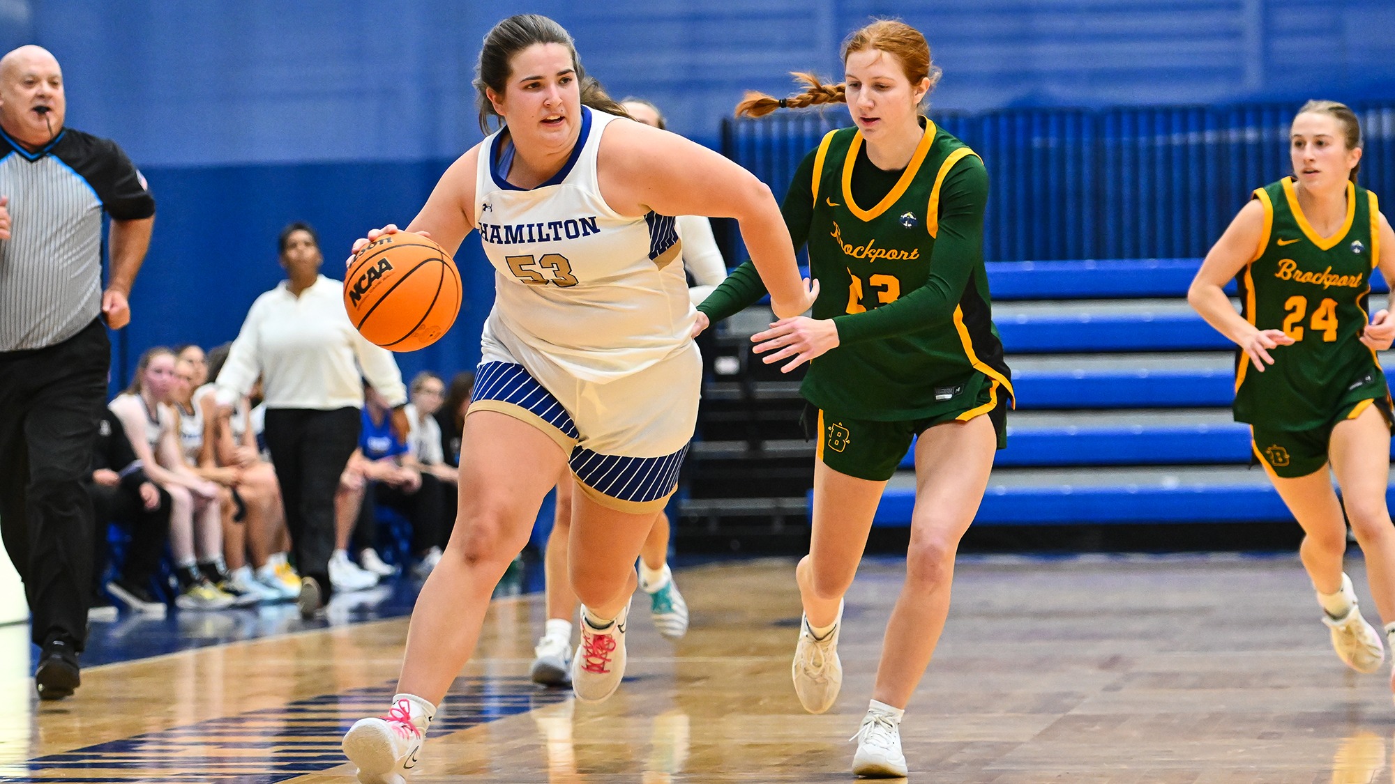 Taylor Lambo dribbles past her SUNY Brockport defender into the frontcourt in November 2025