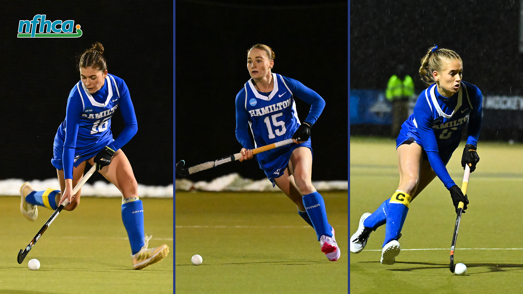 Action photos of three field hockey players on the 2025 all-region team