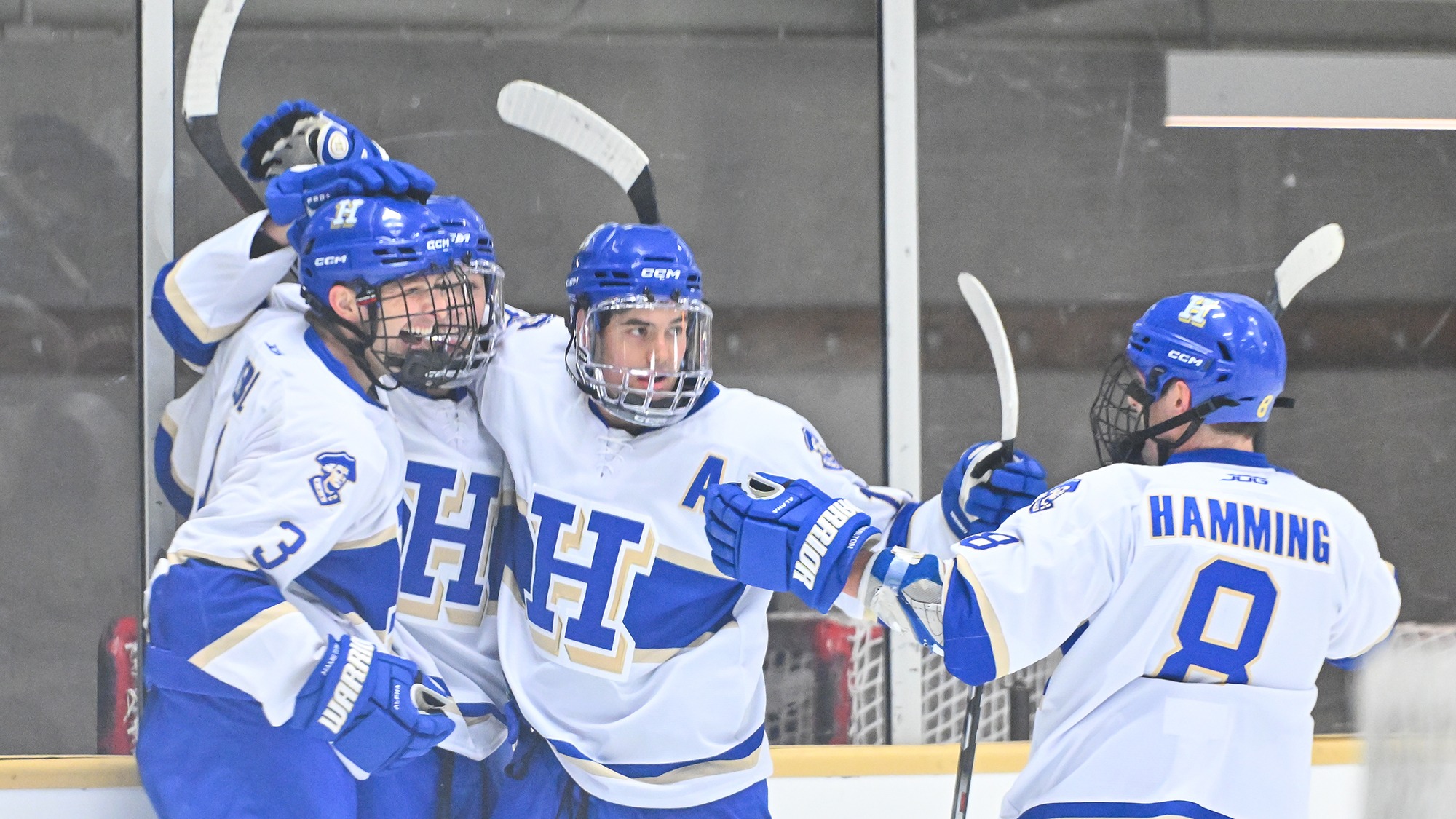 Men's Hockey players celebrate a goal against Amherst in November 2025