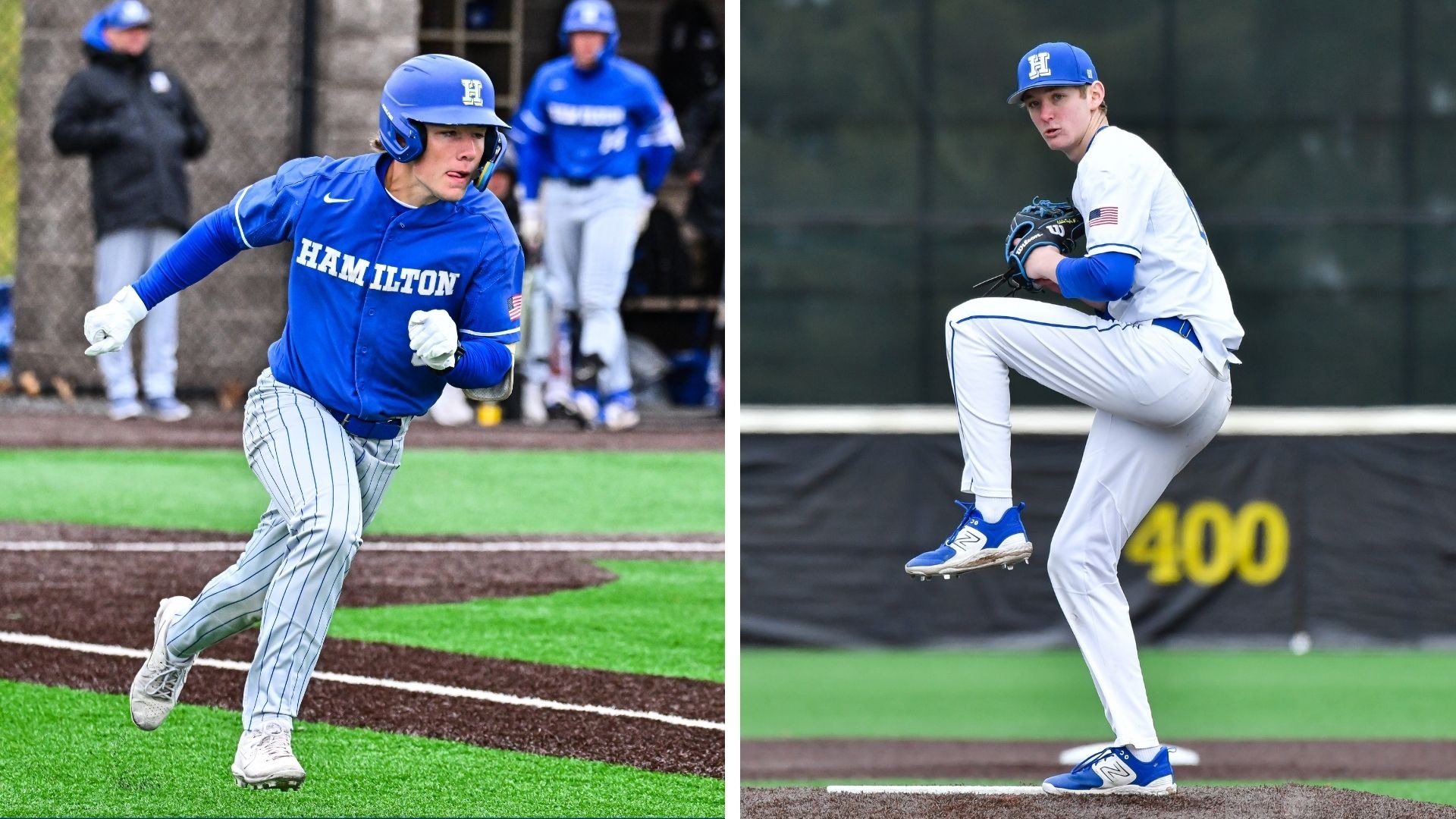 Baseball action photos of all-NESCAC team members Chester Boynton and Eddie Taylor