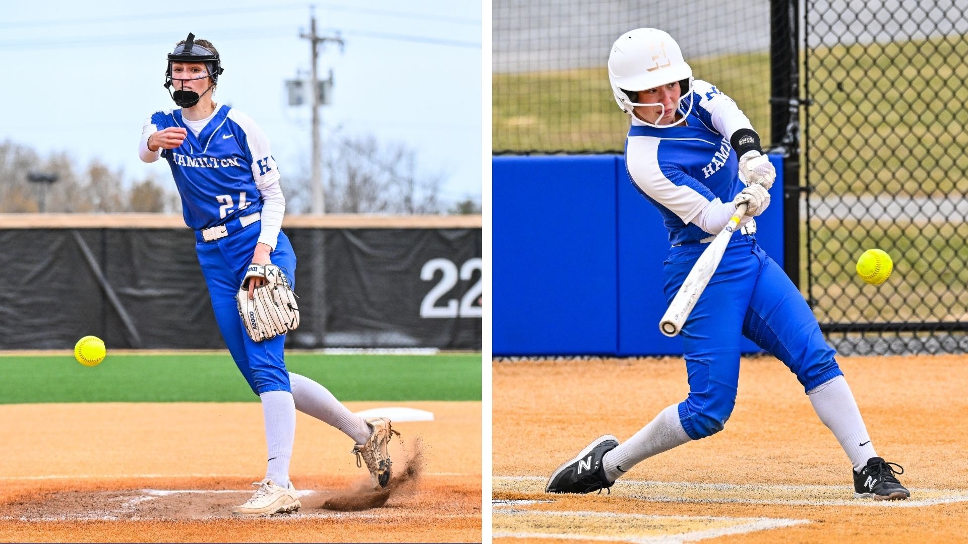 Softball action photos of 2025 all-NESCAC team members Emma Tansky and Alexis Mayer
