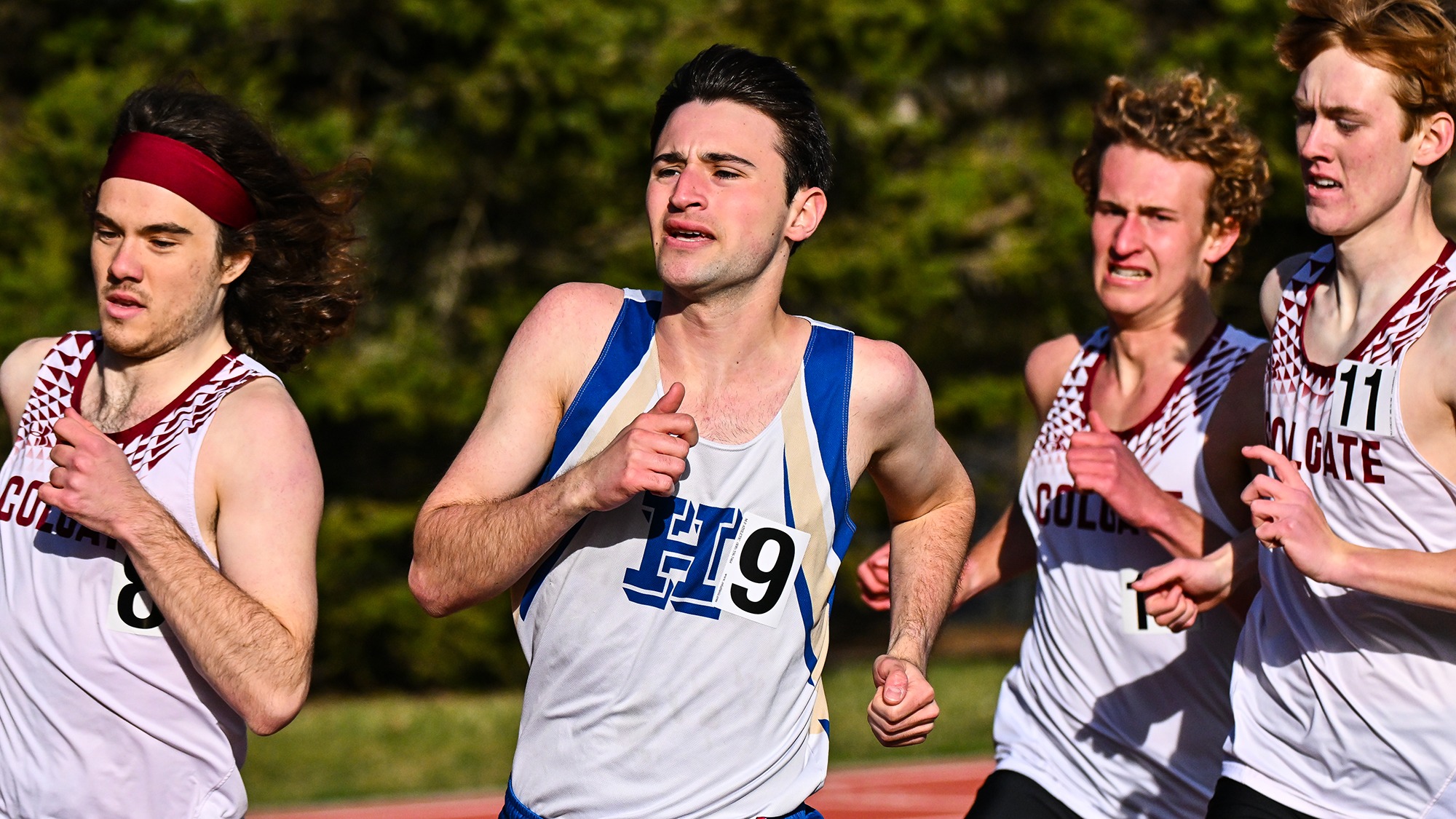 Joseph Simeone is sandwiched by three Colgate runners in the 800 meters in the 2025 Hamilton Outdoor Invitational