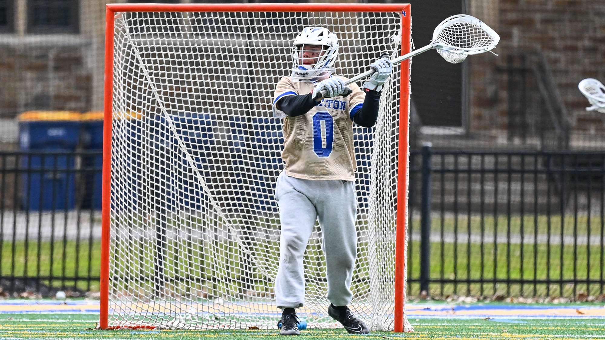 Jack Fried prepares to throw an outlet pass during a clear attempt against Colby in March 2025