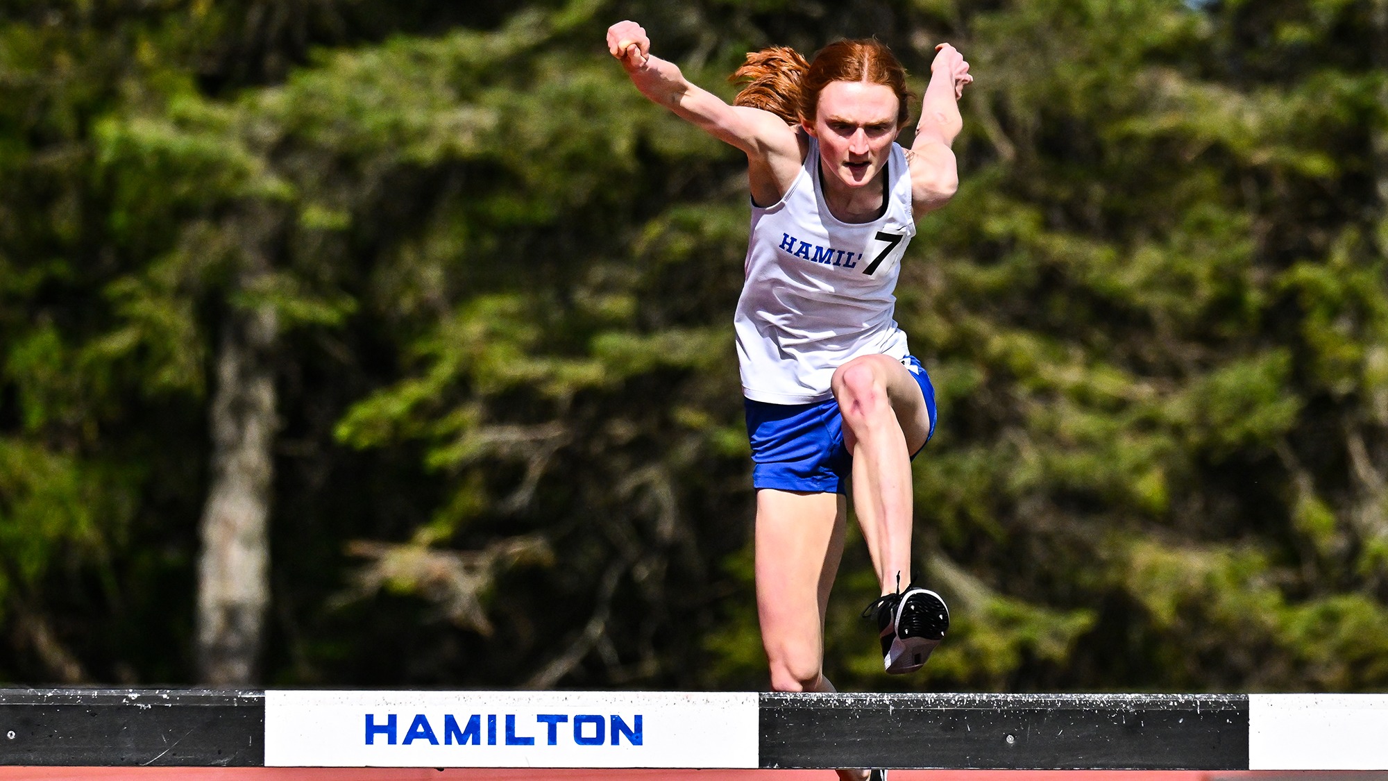 Keira Rogan steps on a hurdle in the women's steeplechase in the Hamilton Outdoor Invitational in April 2025