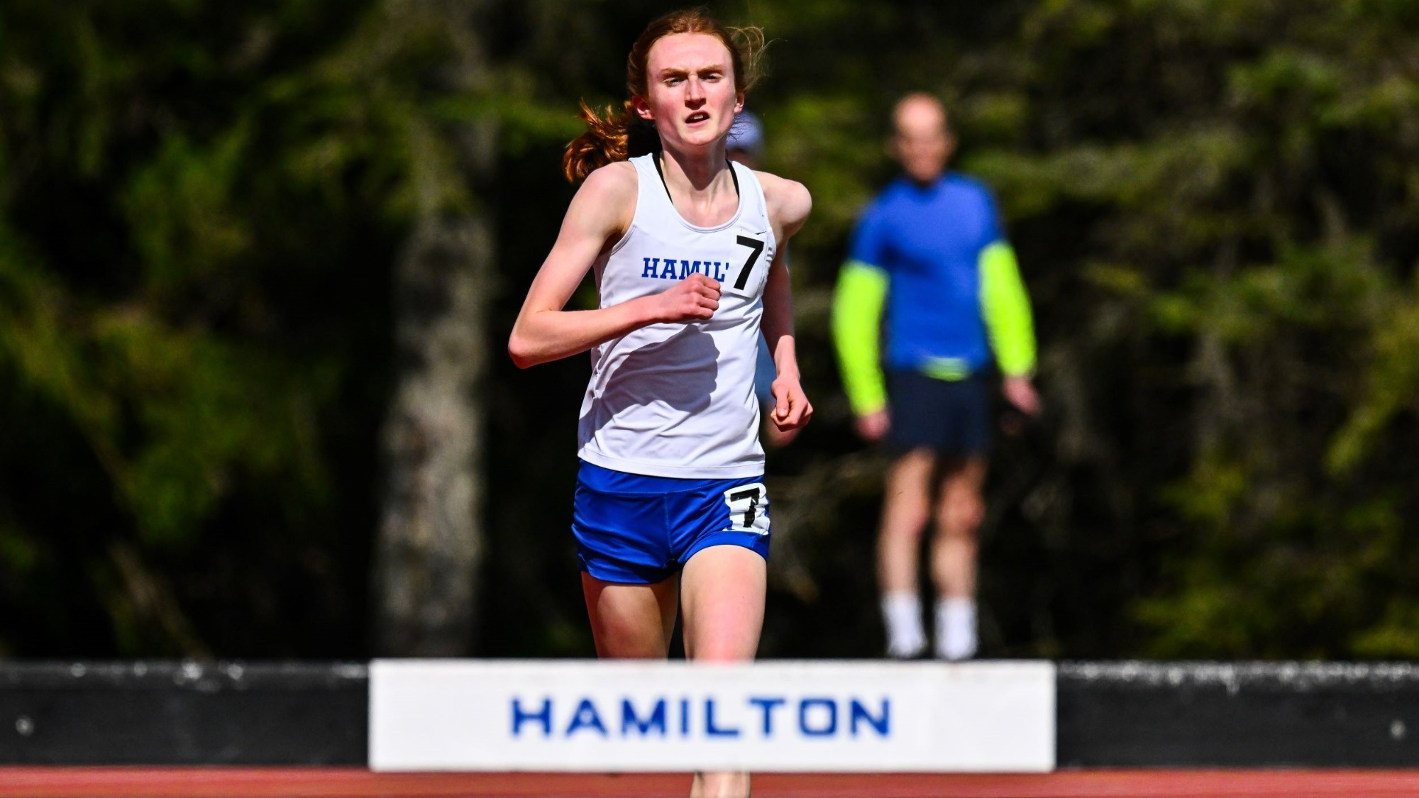 Keira Rogan approaches the hurdle in the steeplechase in the 2025 Hamilton Outdoor Invitational 