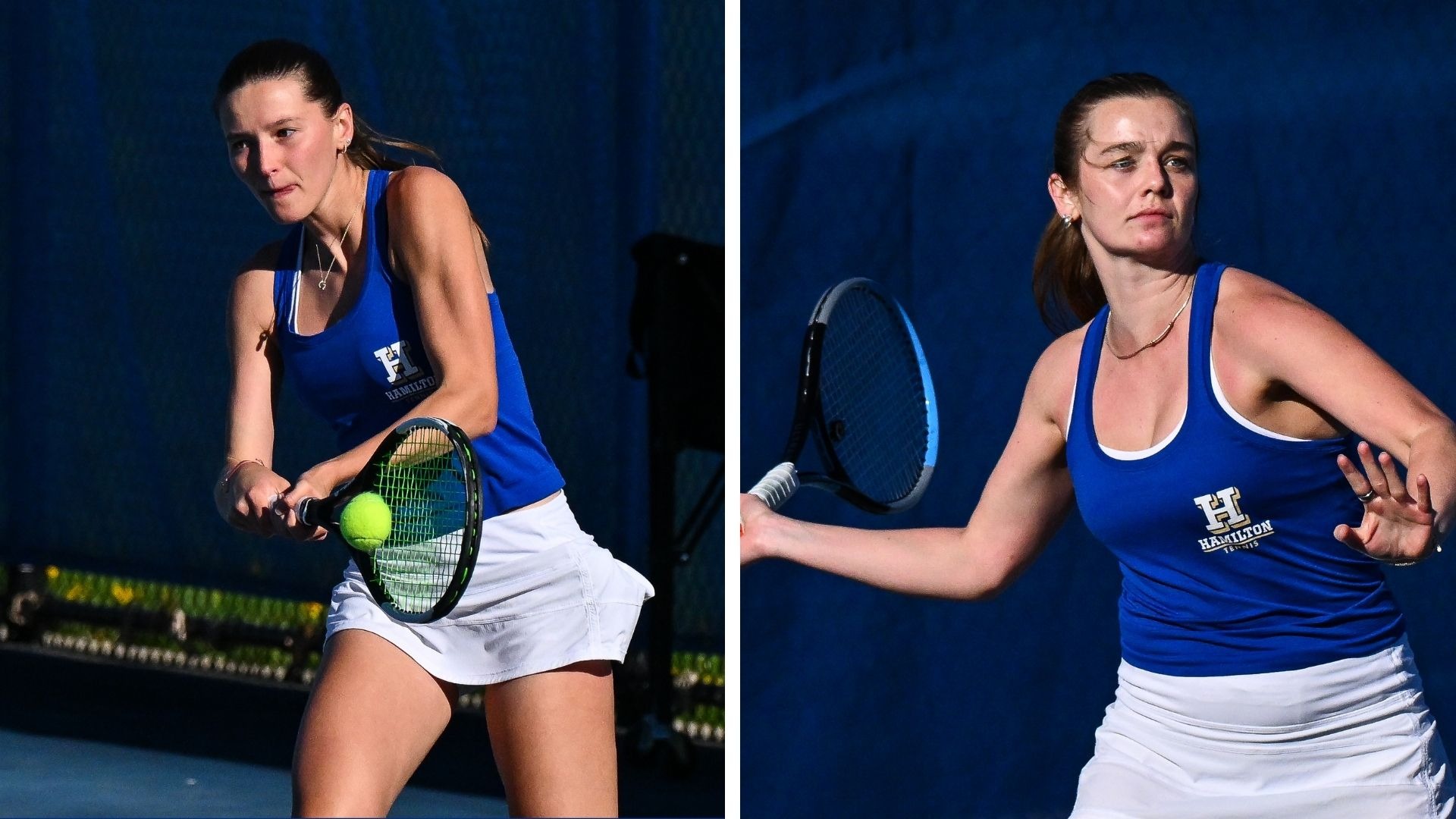 Action photos of 2025 all-NESCAC team Women's Tennis players Hannah Apsey and Stephanie Pratt