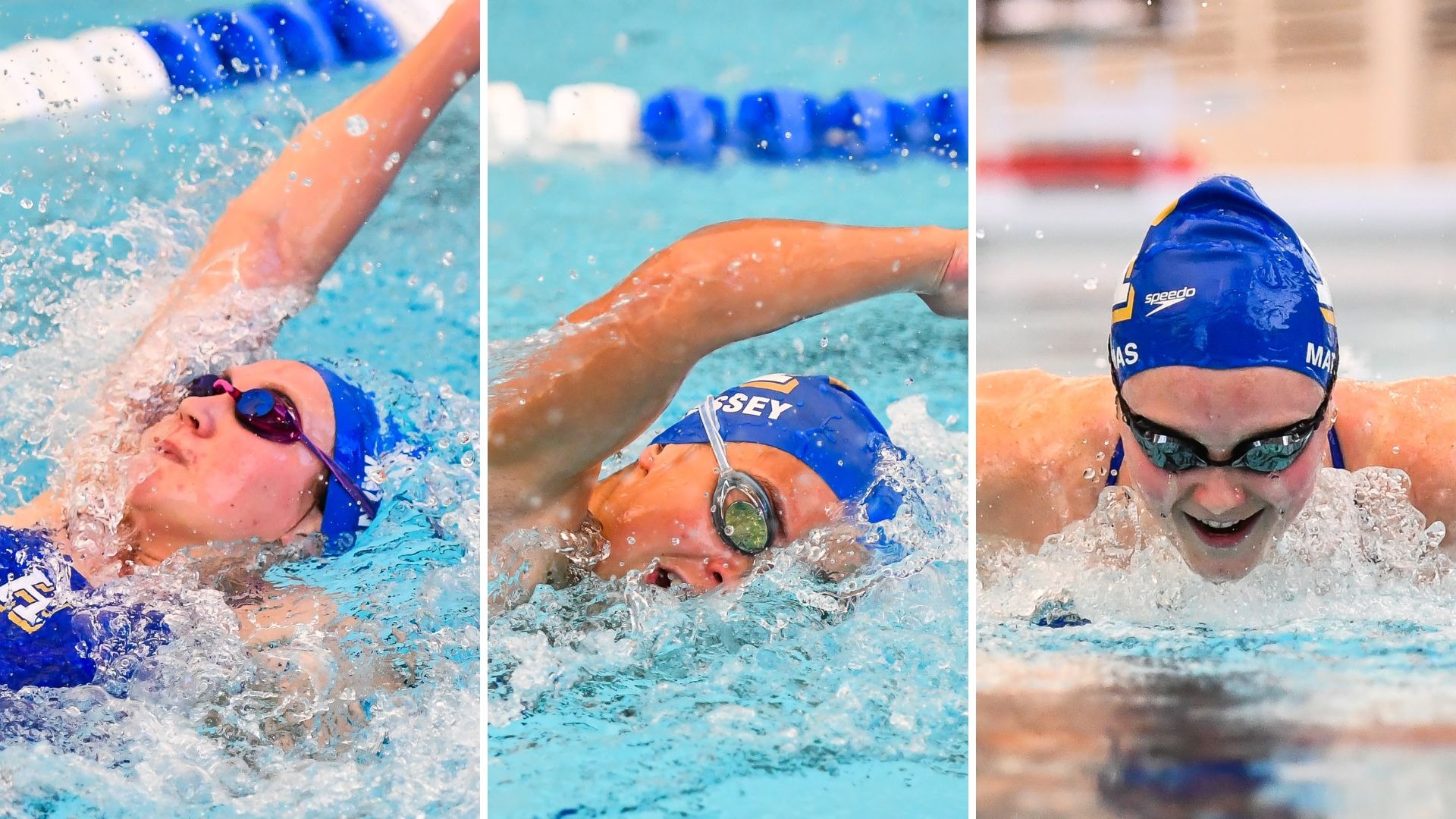Action photos of three Women's Swimmers who earned Scholar All-America Team honors