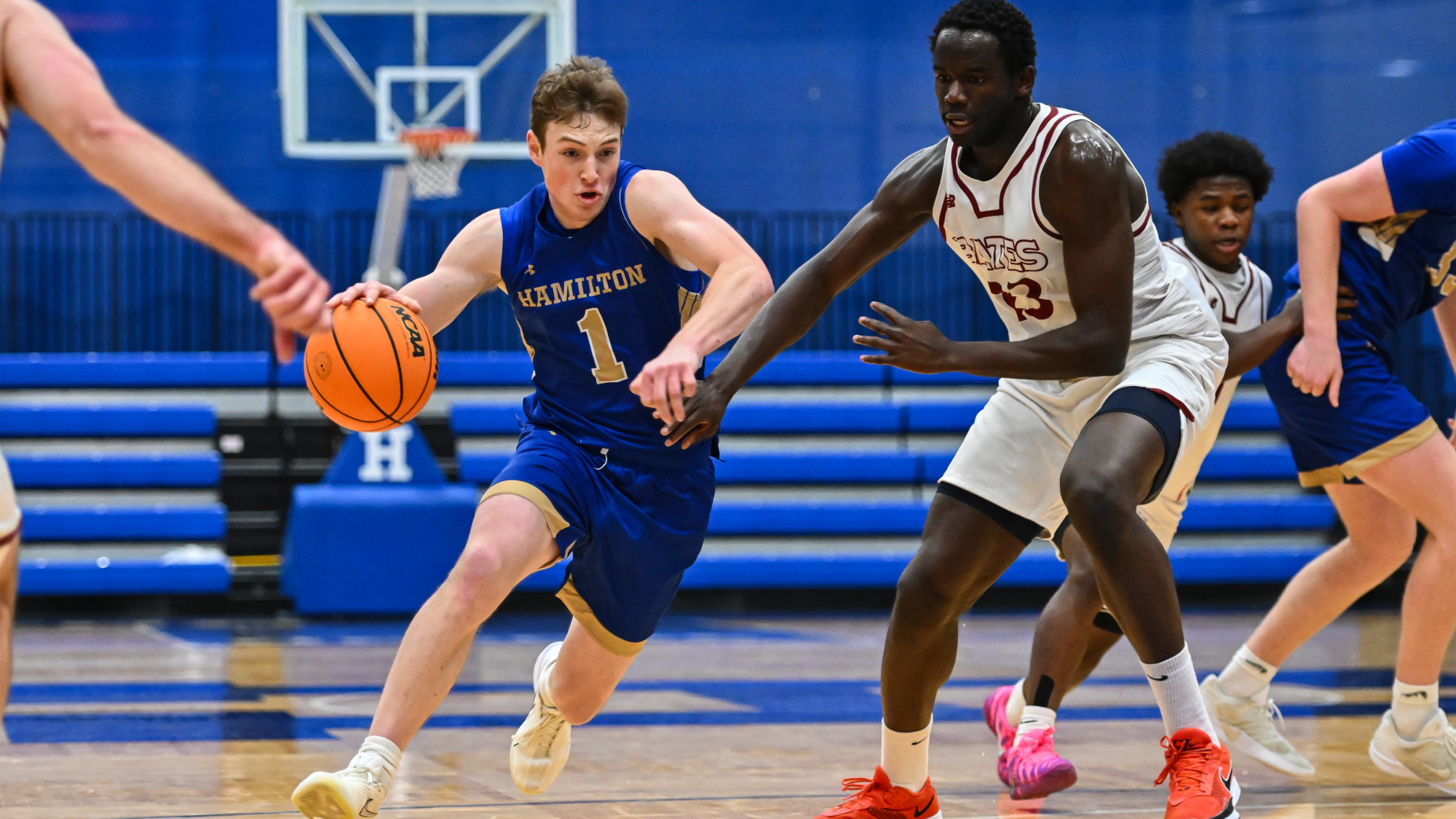 Hamilton College men's basketball junior guard Jack Stowell drives towards the paint during a NESCAC game against Bates College on Sunday, January 11