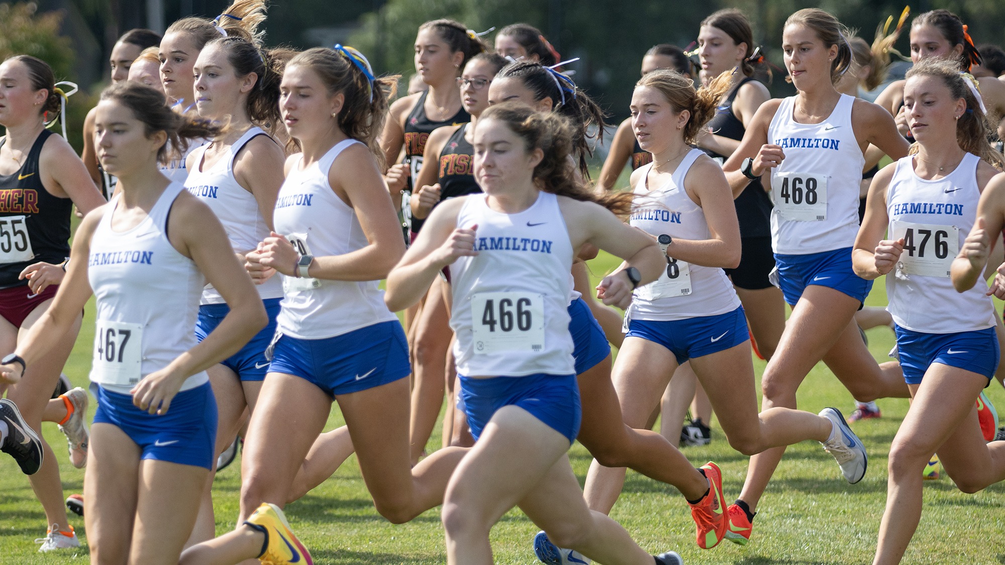 Women's Cross Country runners leave the starting line in the Hamilton Short Course Invitational