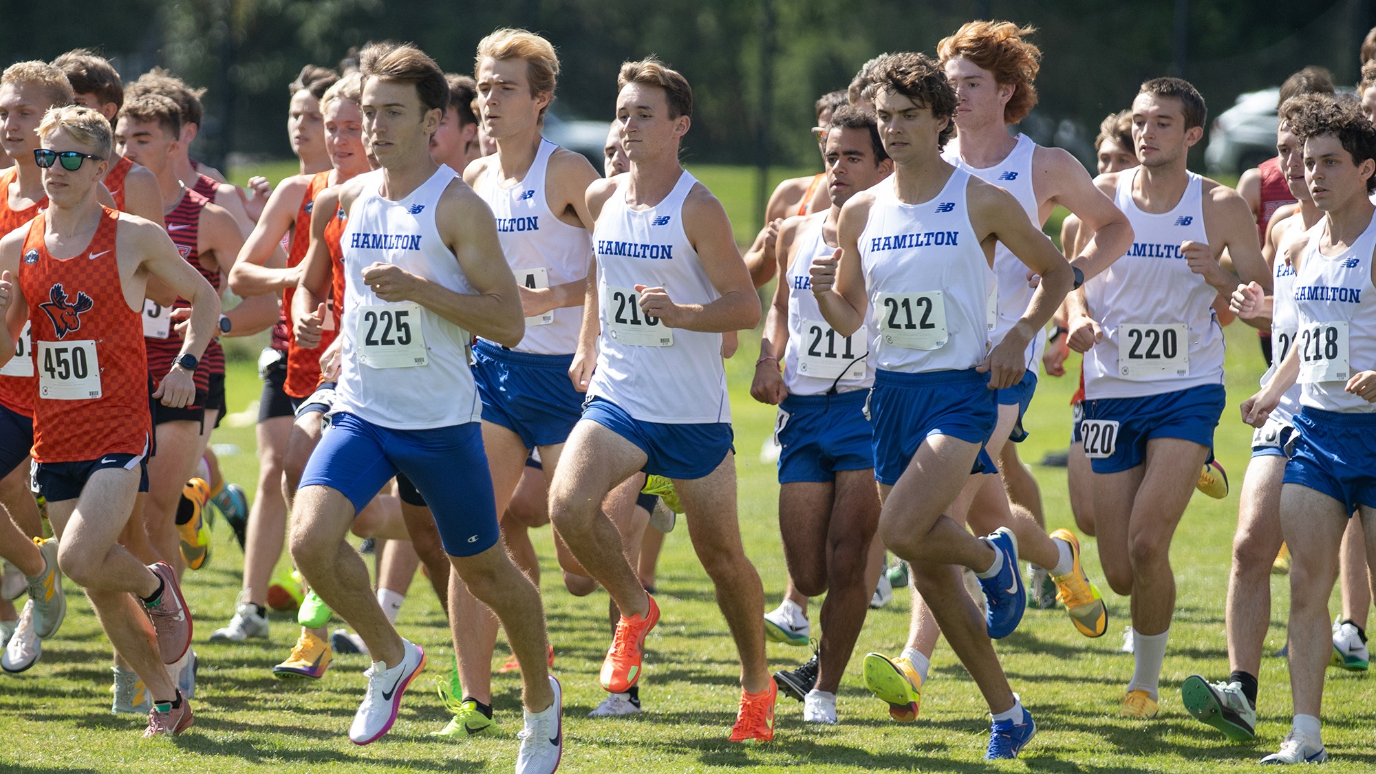 Men's Cross Country runners leave the starting line in the Hamilton Short Course Invitational