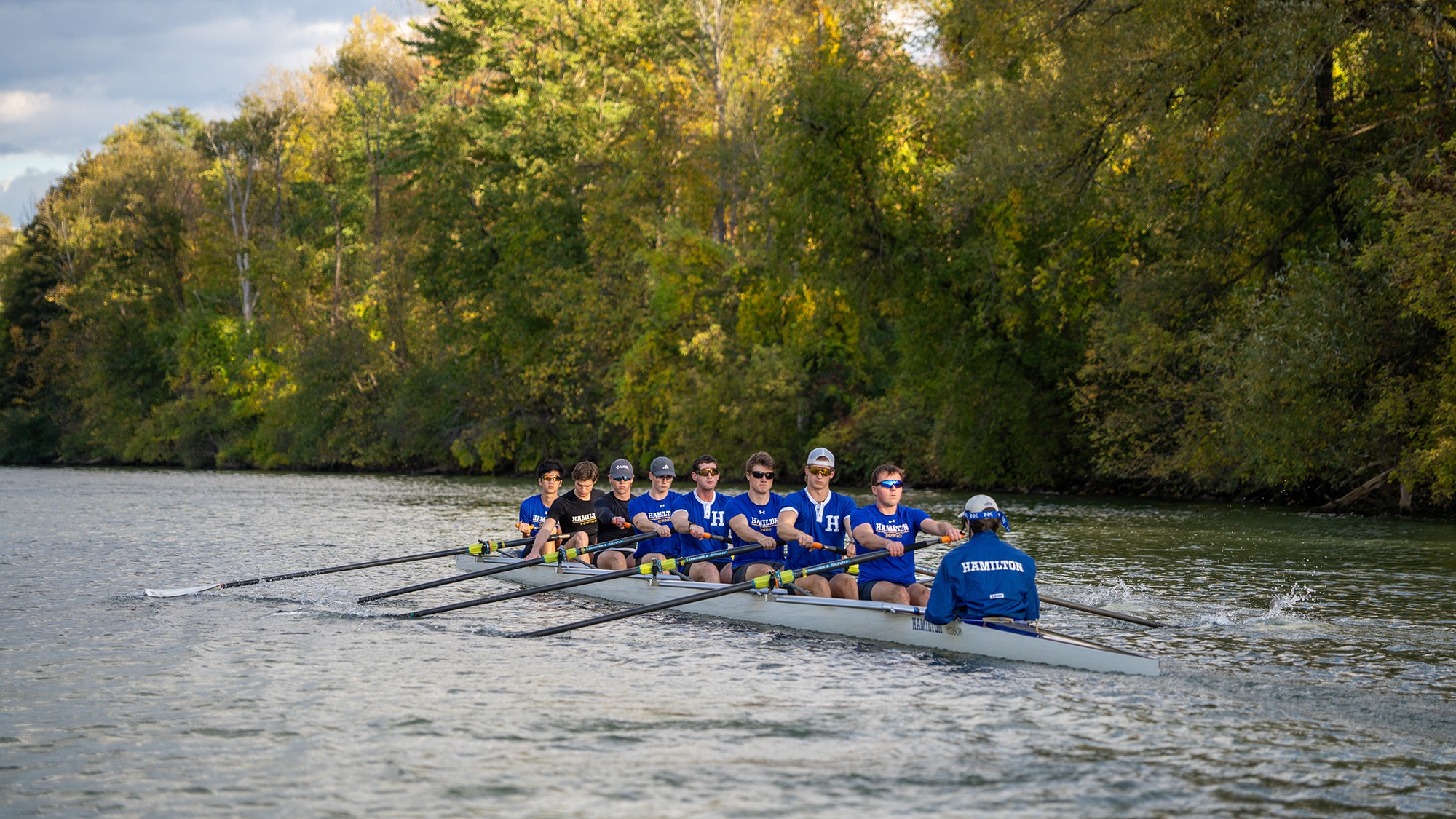 A Men's Rowing eights boat gets in some practice on the Erie Canal in the fall of 2026