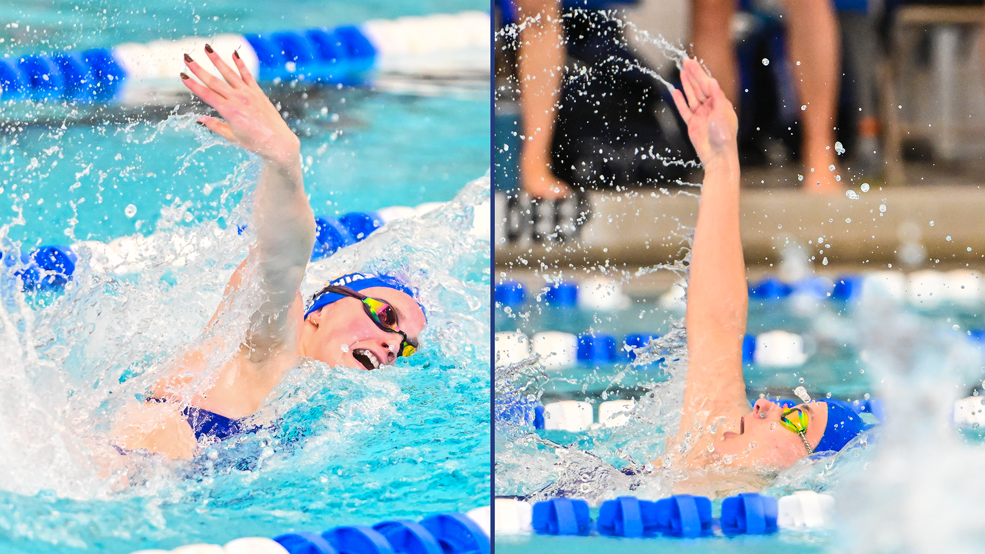 Action photos of Women's Swimming and Diving athletes Jade Matthias and Paige Wielgus racing in the RIT dual meet