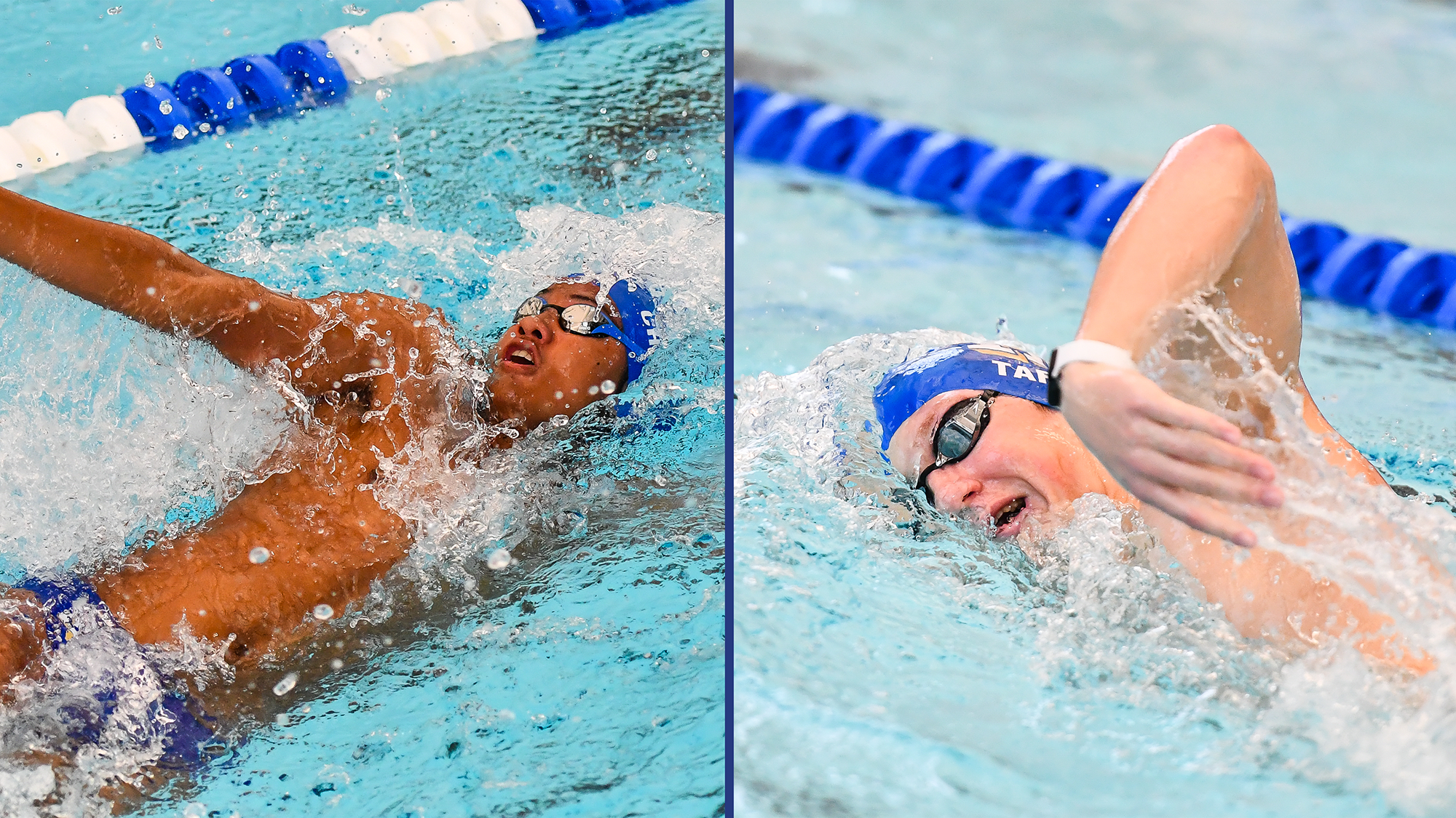 Action photos of male swimmers Matthew Chang and Nathaniel Taft, who earned 2026 all-NESCAC honors