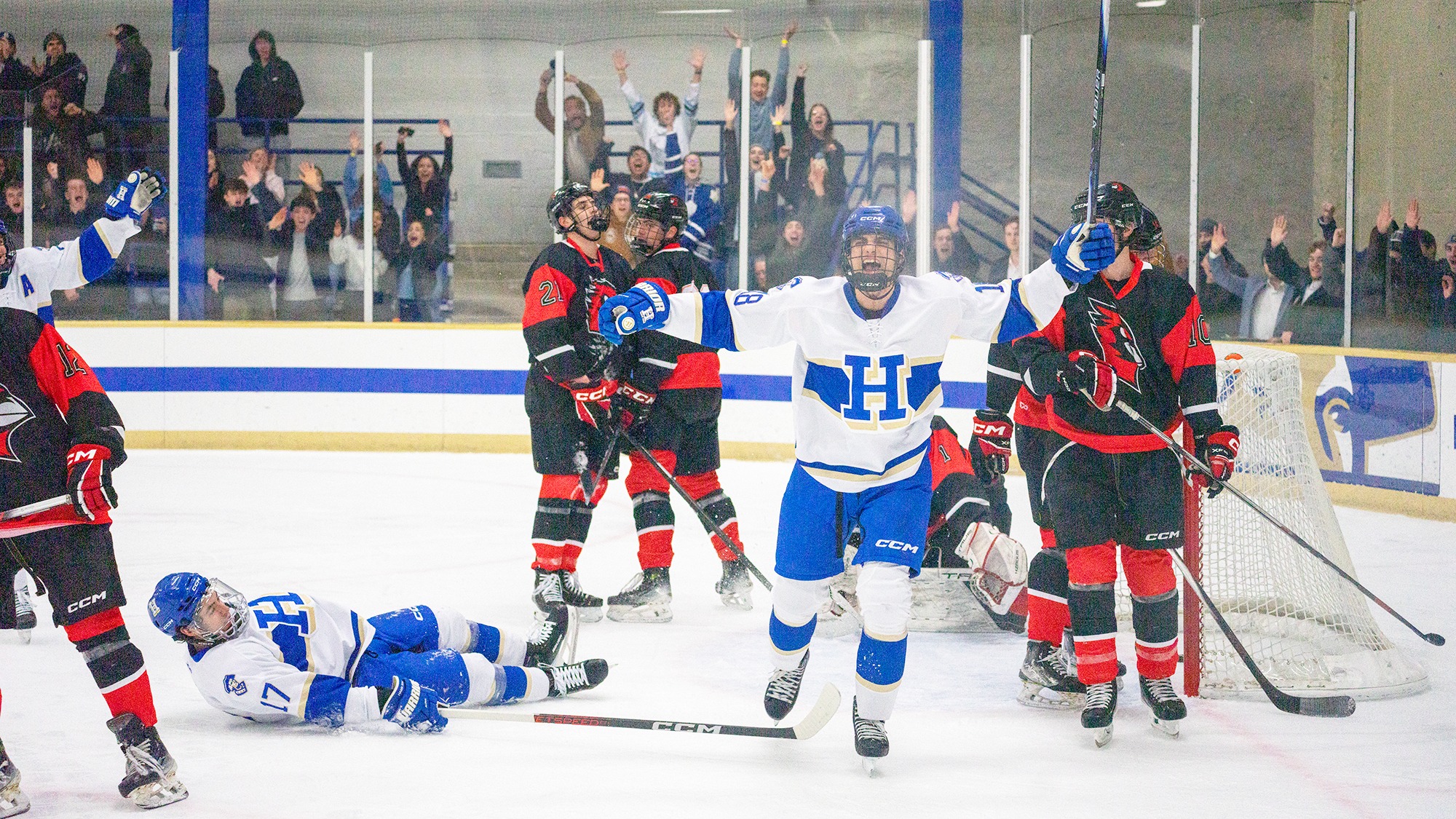 Men's Hockey celebrates a goal during the Citrus Bowl against Wesleyan