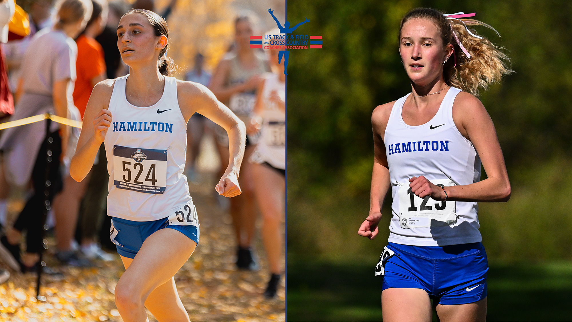 Women's Cross Country action photos of all-academic athletes Taylor Harris and Emily Pogozelski