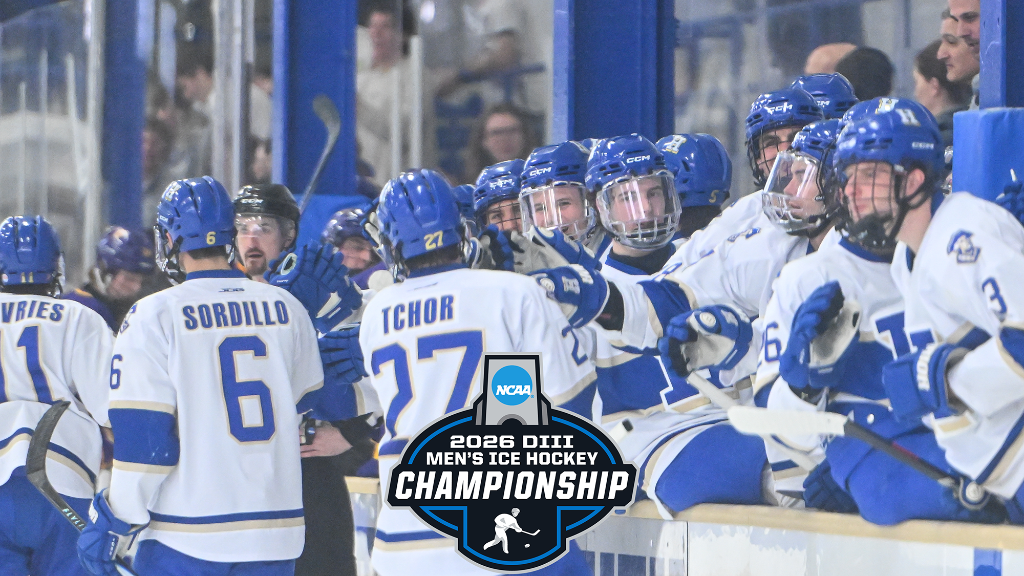 Men's Hockey players go through the celebration line at the team bench for congratulations after scoring a goal