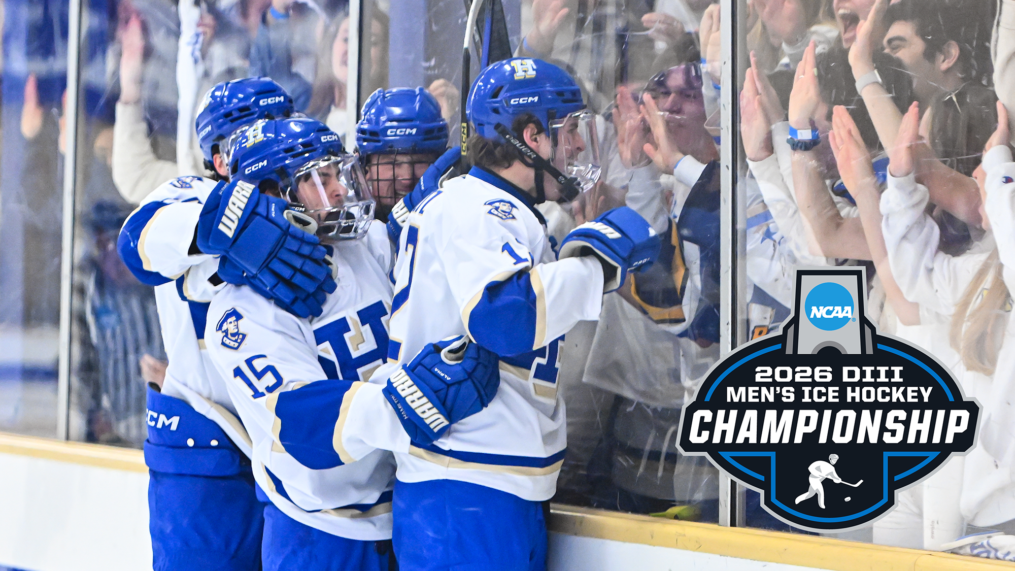 Men's Hockey players celebrate a goal near the glass