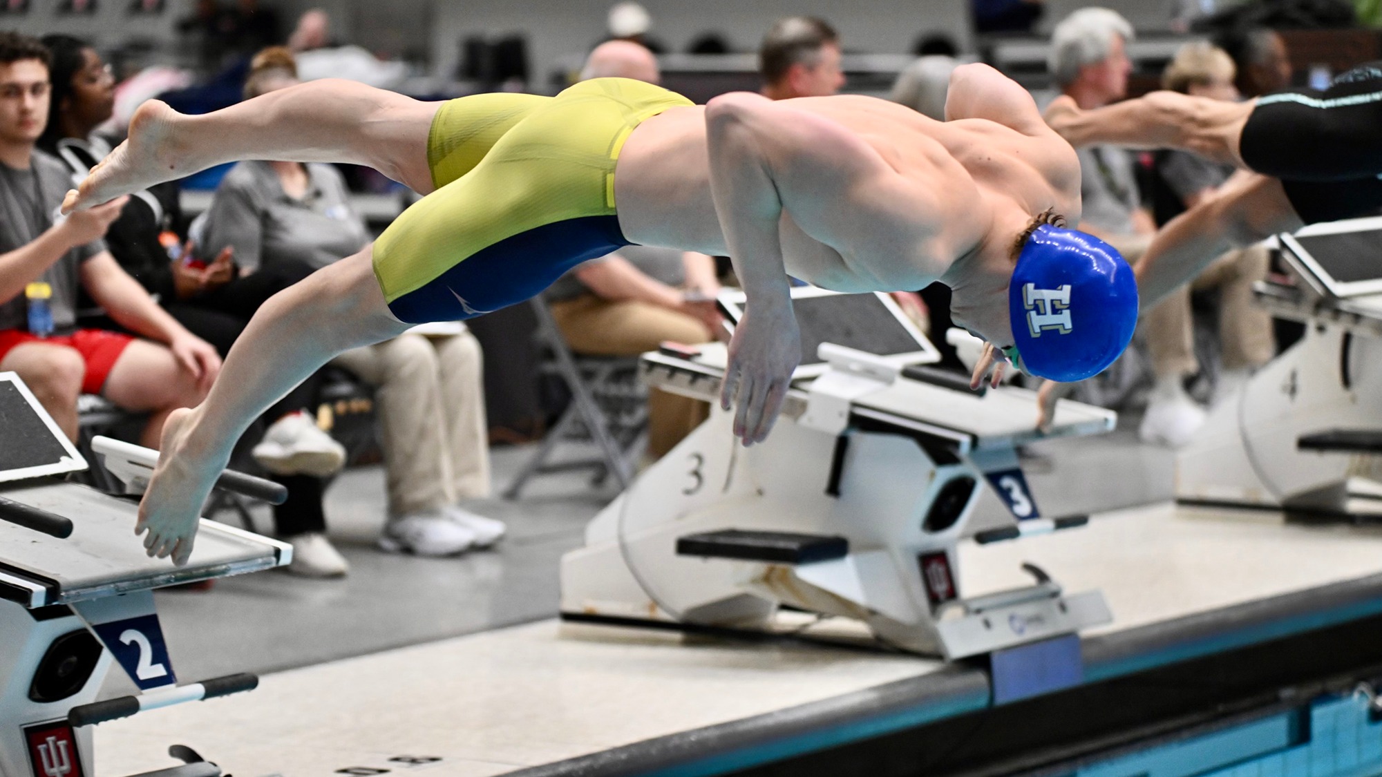 Nathaniel Taft jumps off the starting block for the 100 freestyle at the 2026 NCAA Swimming and Diving Championships