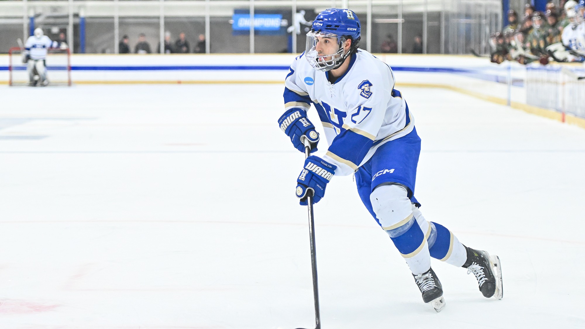 Luke Tchor looks up to shoot the puck against Norwich in the 2026 NCAA men's hockey quarterfinals