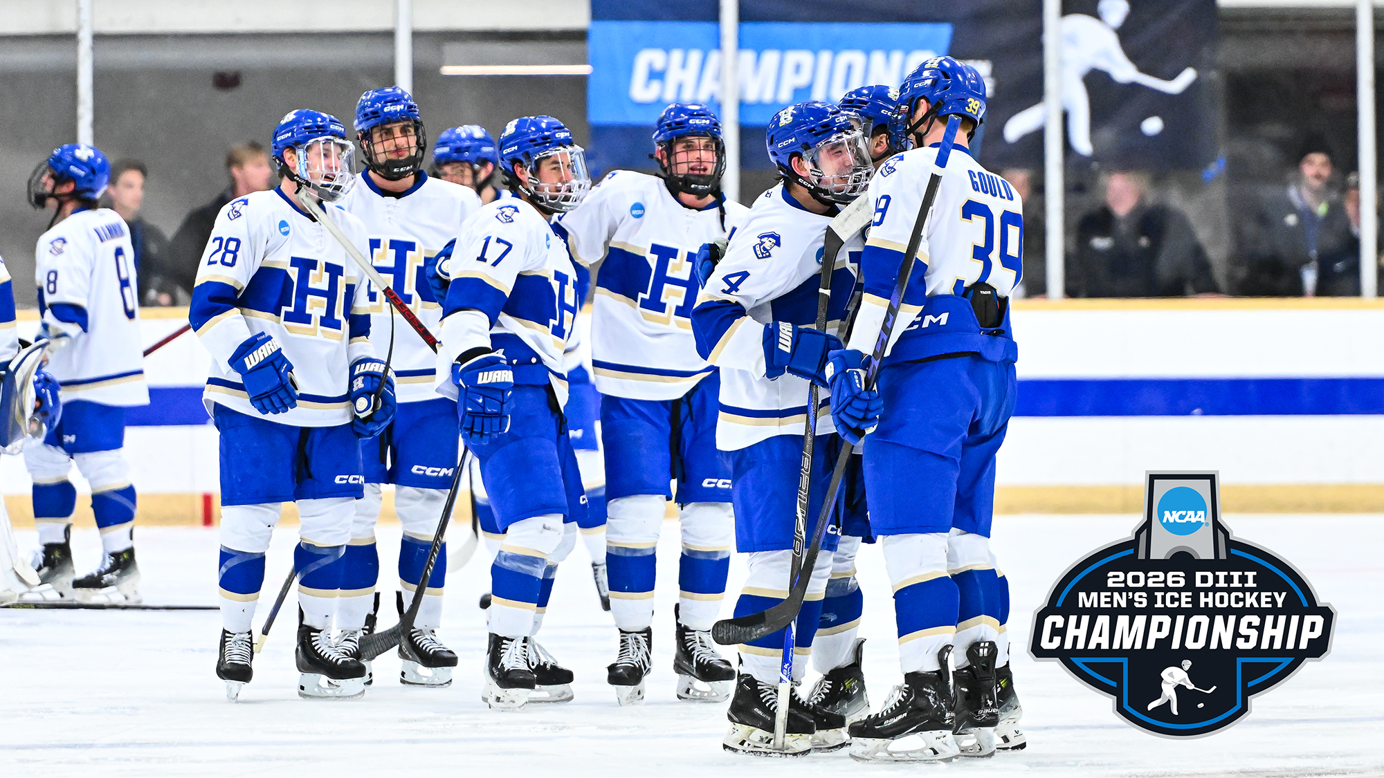 Men's Hockey players celebrate their 2026 NCAA quarterfinal win against Norwich