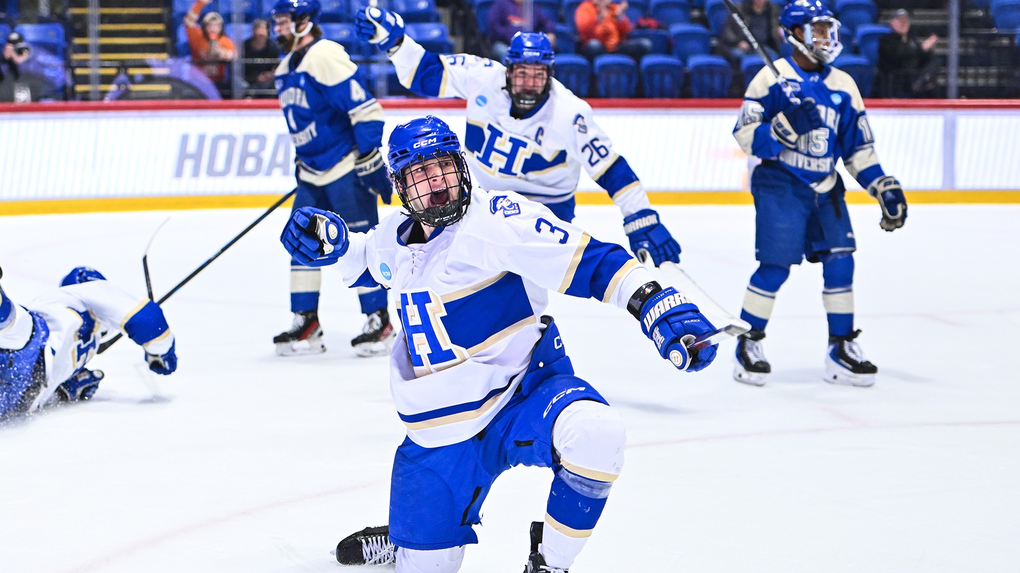 Noah Leibl celebrates his goal in the first period of the 2026 NCAA Men's Hockey Championship semifinal