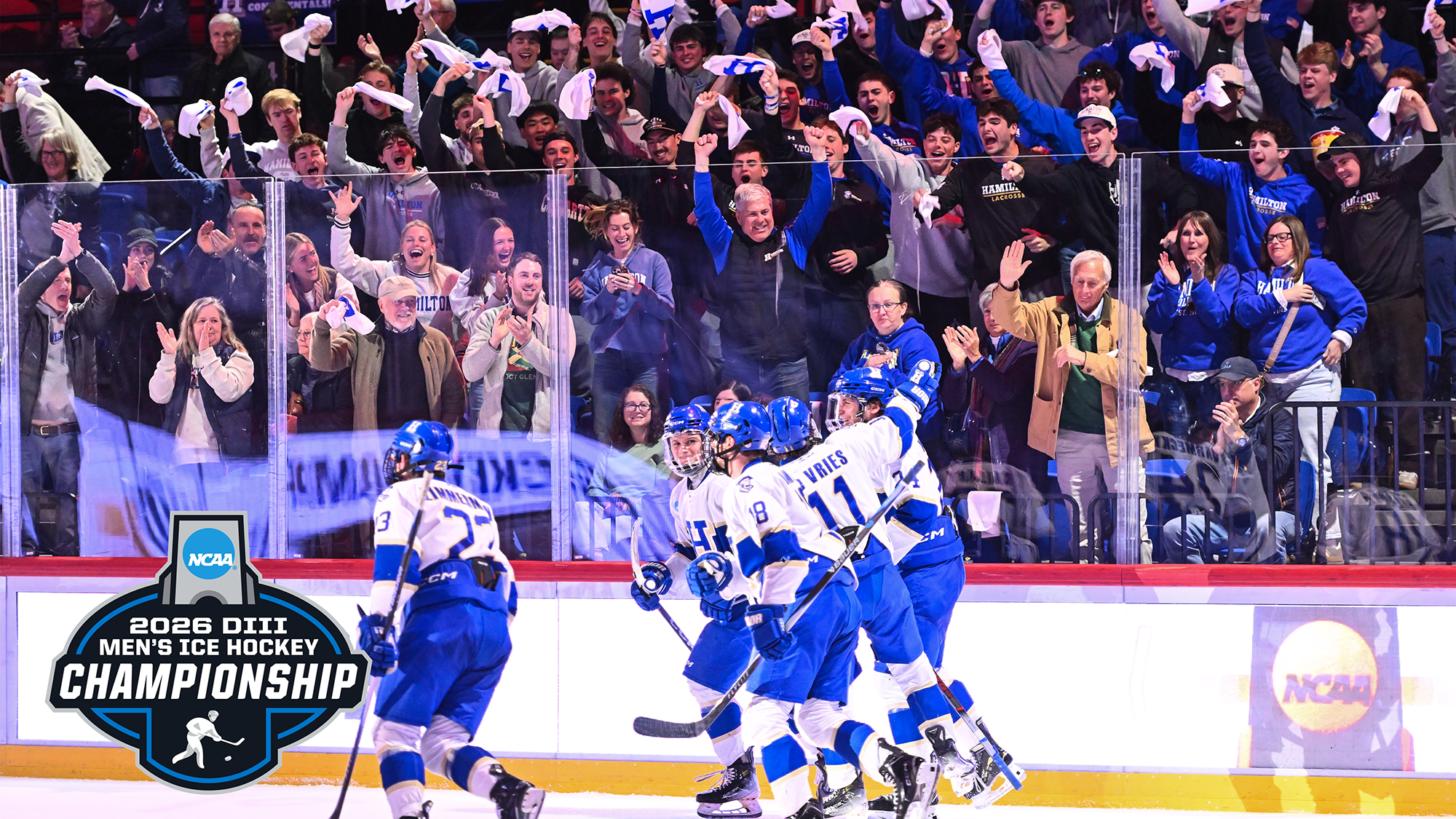 Men's Hockey players celebrate a goal in the 2026 NCAA semifinals against Aurora