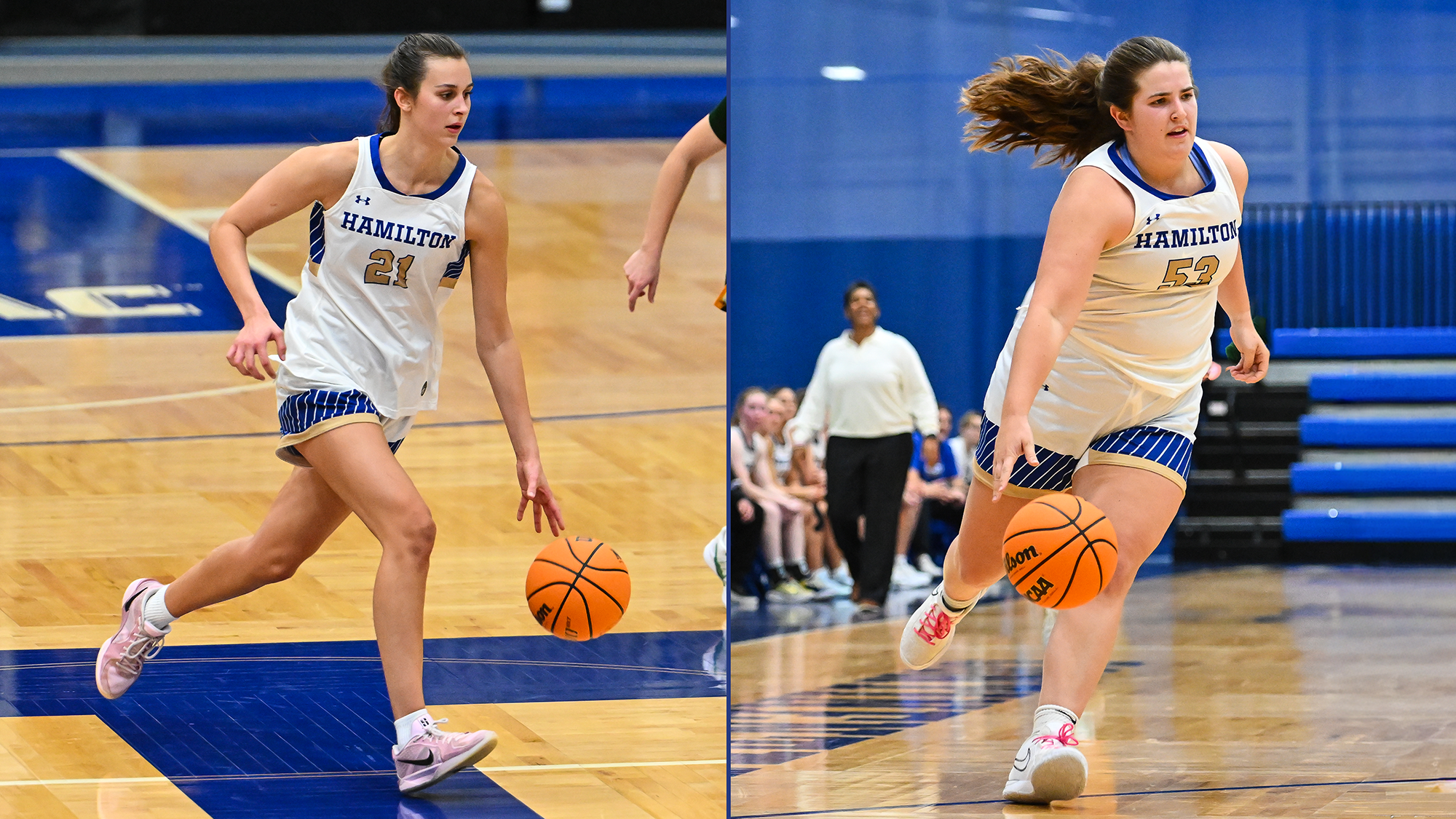 Action photos of Women's Basketball all-NESCAC team members Kendall Harris and Taylor Lambo