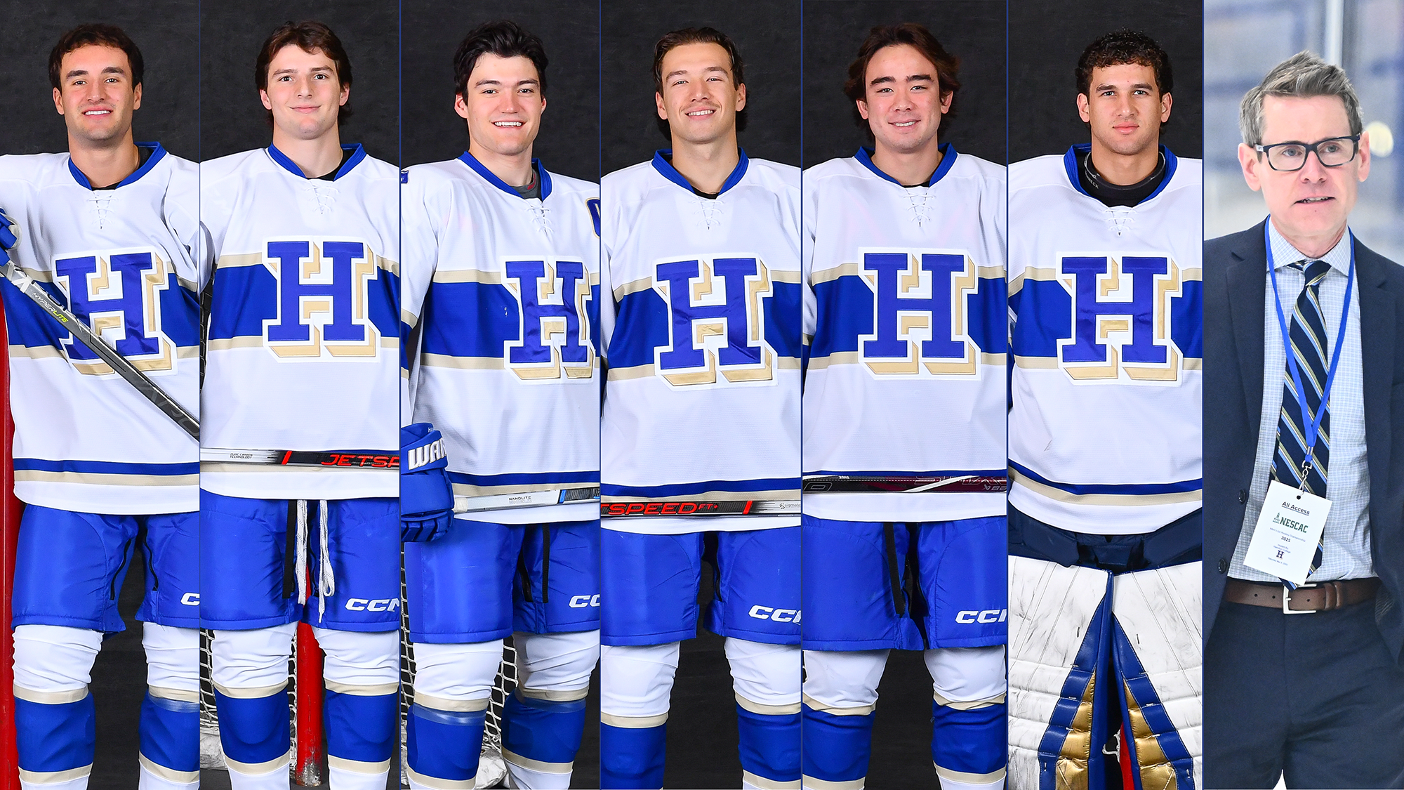 Six candid photos of Men's Hockey players from winter sports media day and photo of head coach walking on the ice