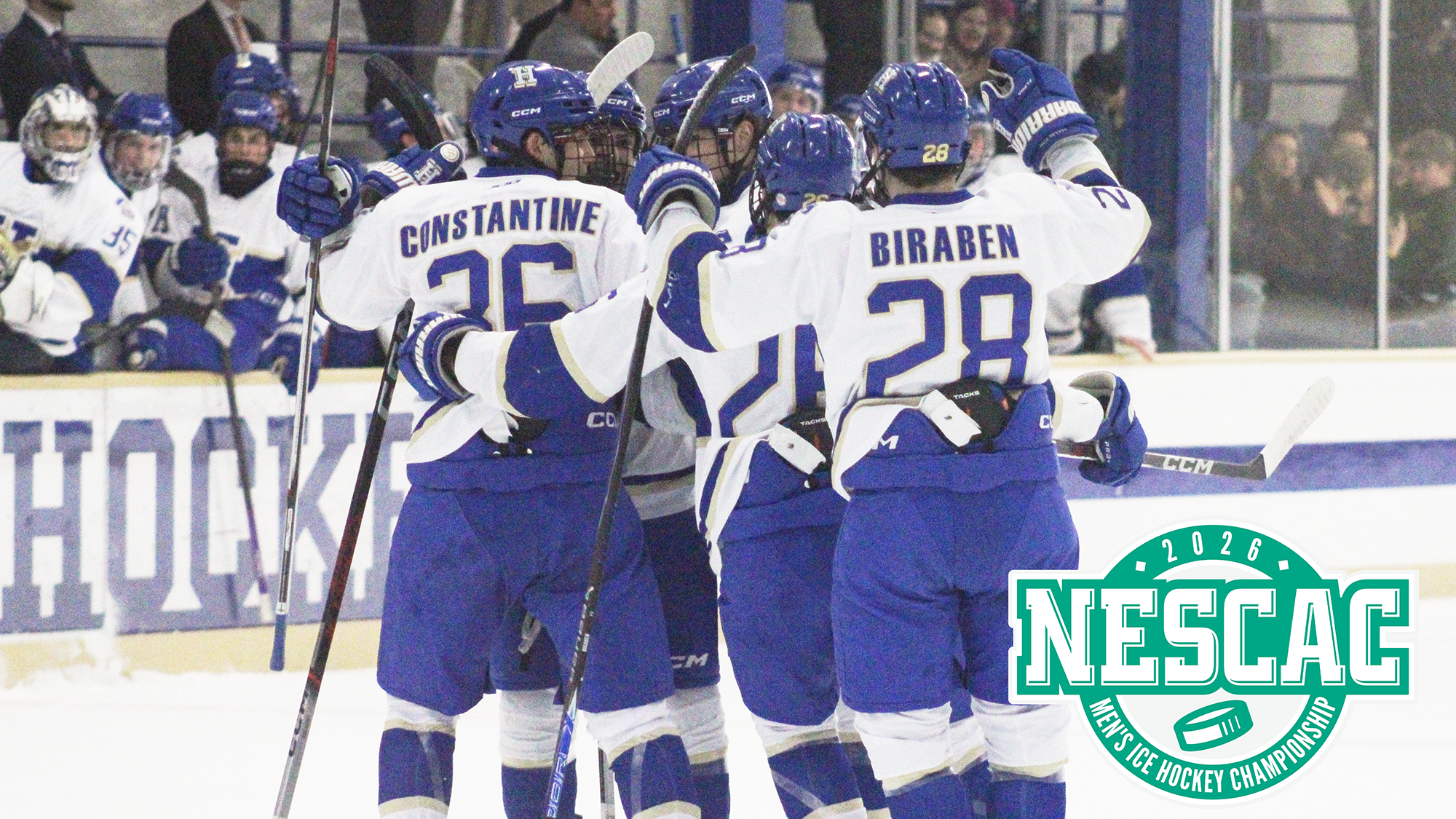 Men's Hockey players celebrate a goal in the NESCAC Championship quarterfinal win against Conn. College
