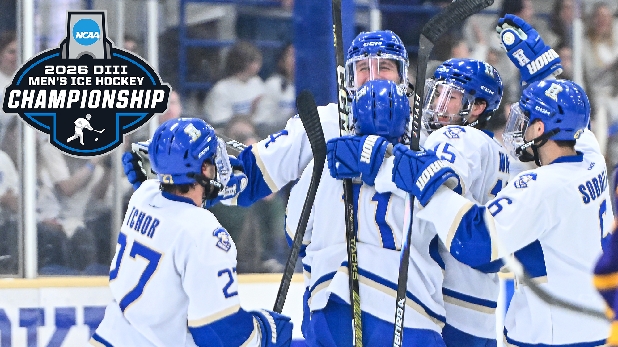 Men's Hockey players celebrate a goal against Williams in the 2026 NESCAC semifinals