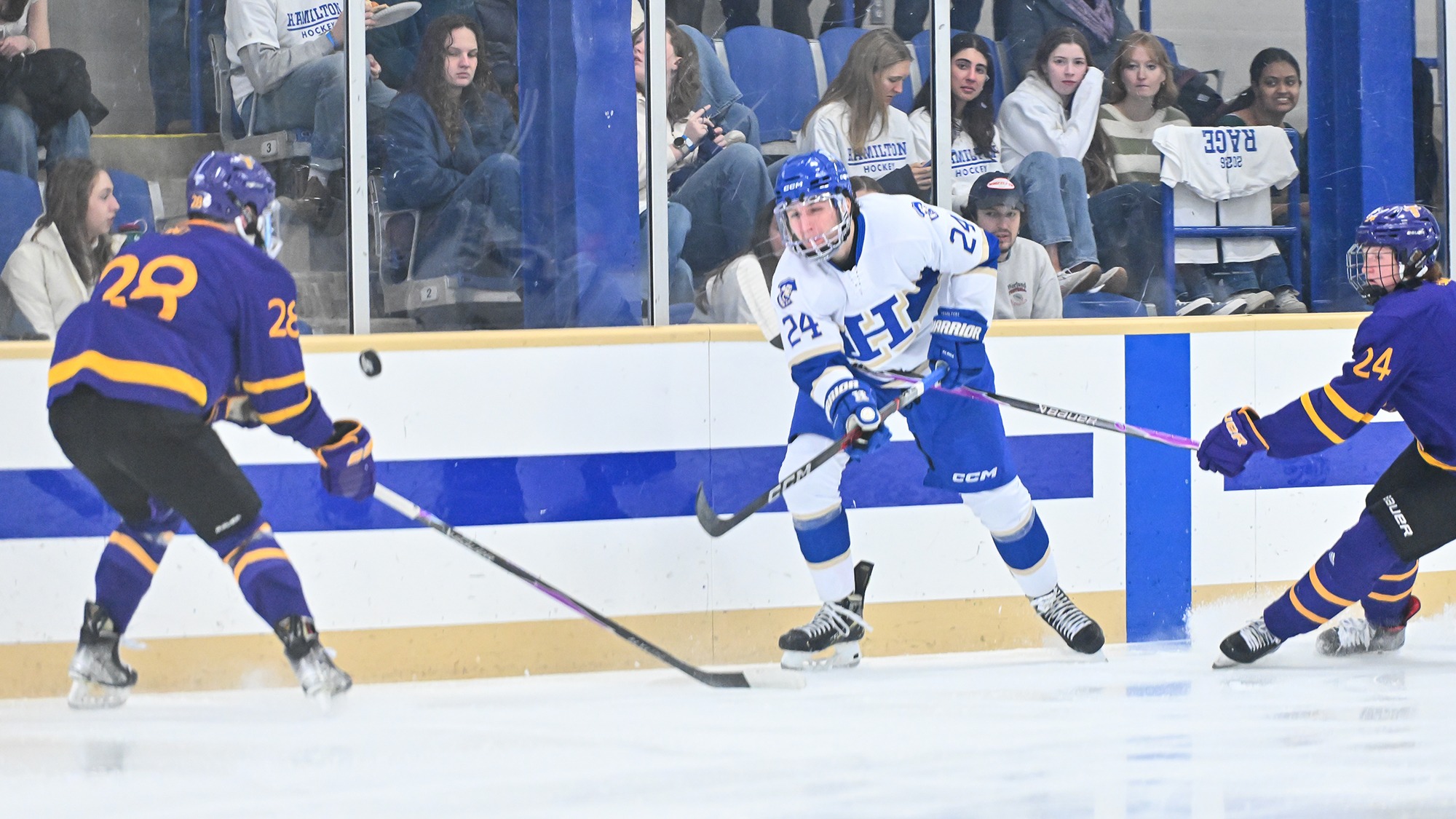 Liam Varmecky shoots the puck from just inside the blue line against Williams in the NESCAC semifinals