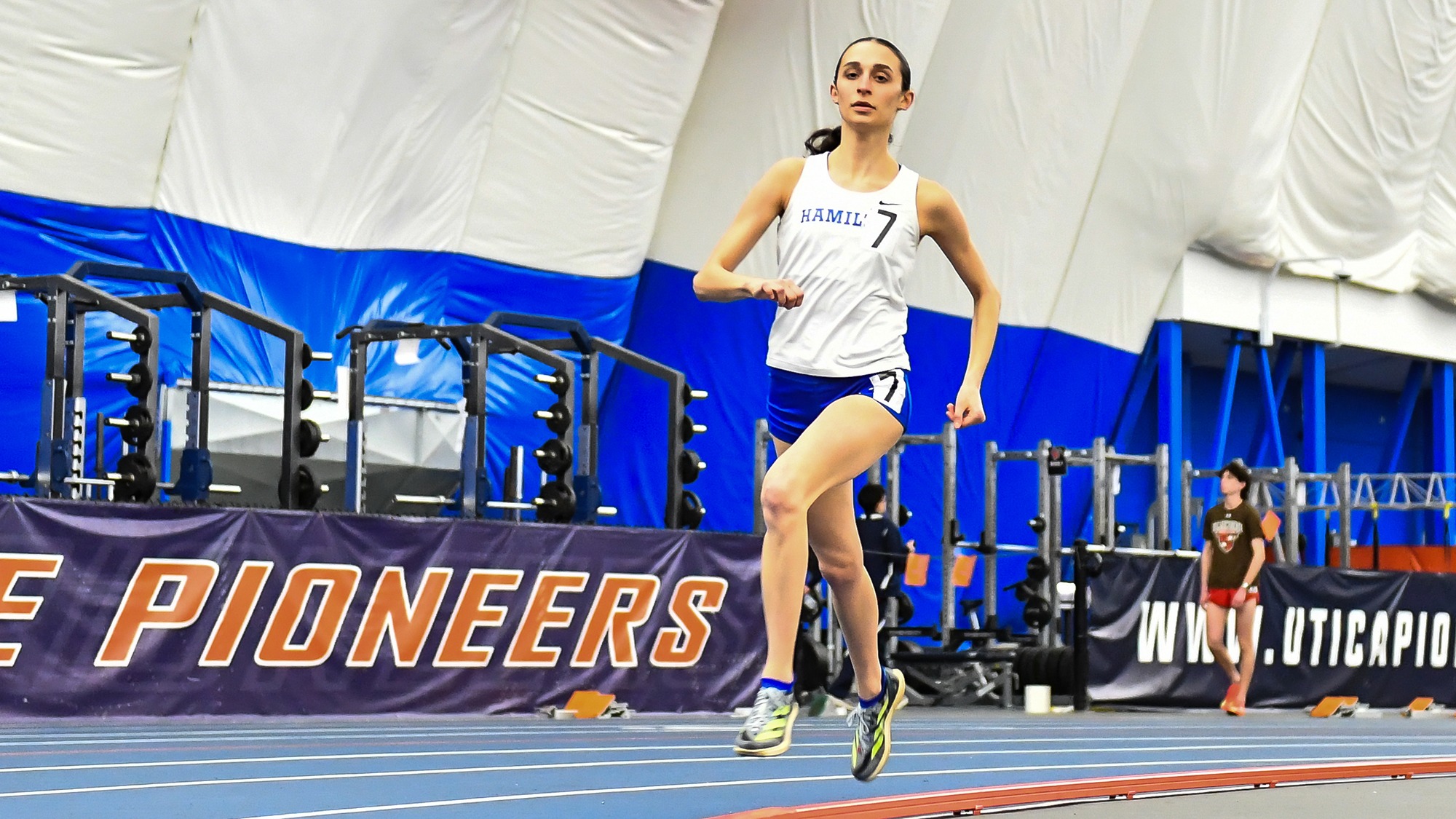 Taylor Harris runs out to a big lead in the 3,000 meters at the 2026 Utica University Winter Opener