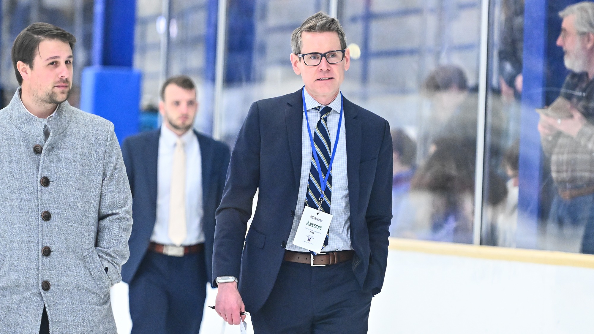 Rob Haberbusch leaves the ice between periods of the 2025 NESCAC Men's Hockey semifinal against Middlebury
