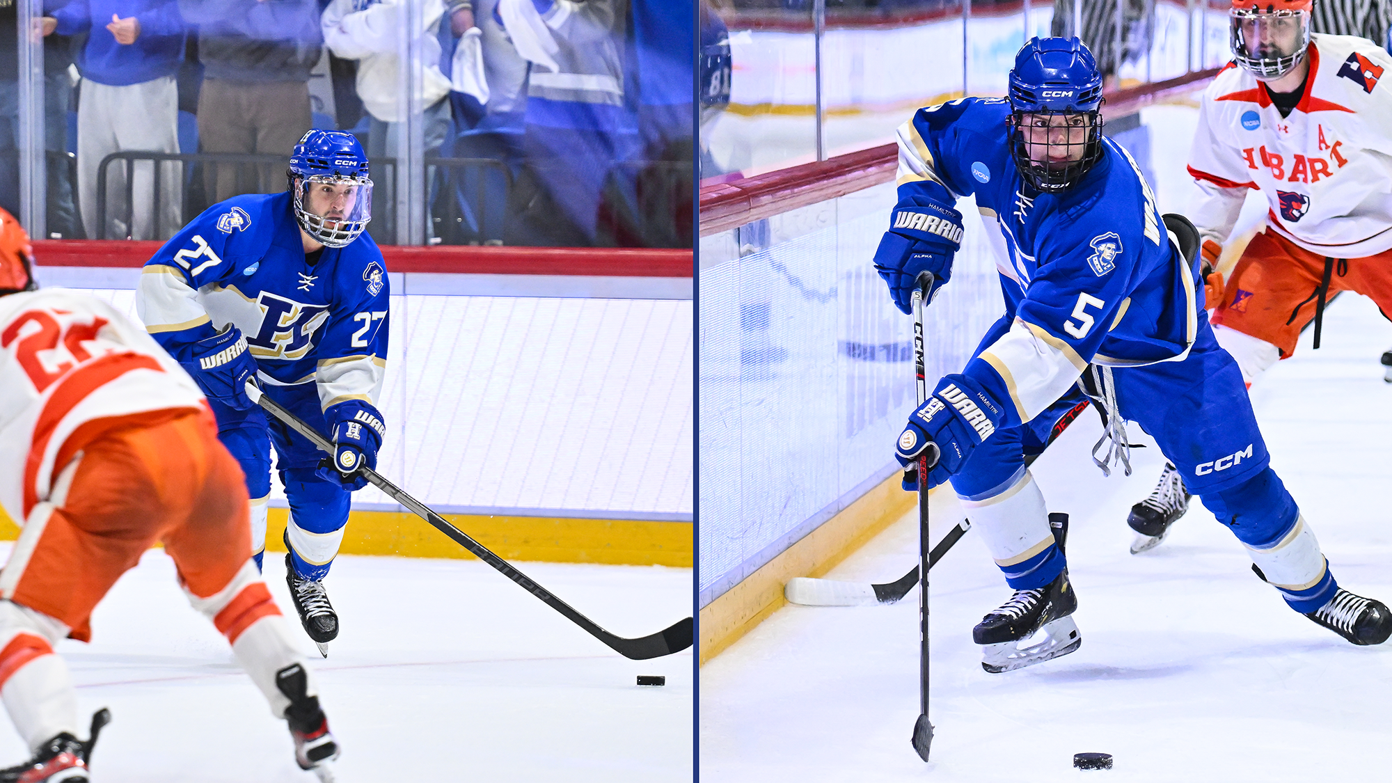 Action photos of Men's Hockey players Luke Tchor and John Wojciechowski against Hobart in the national final