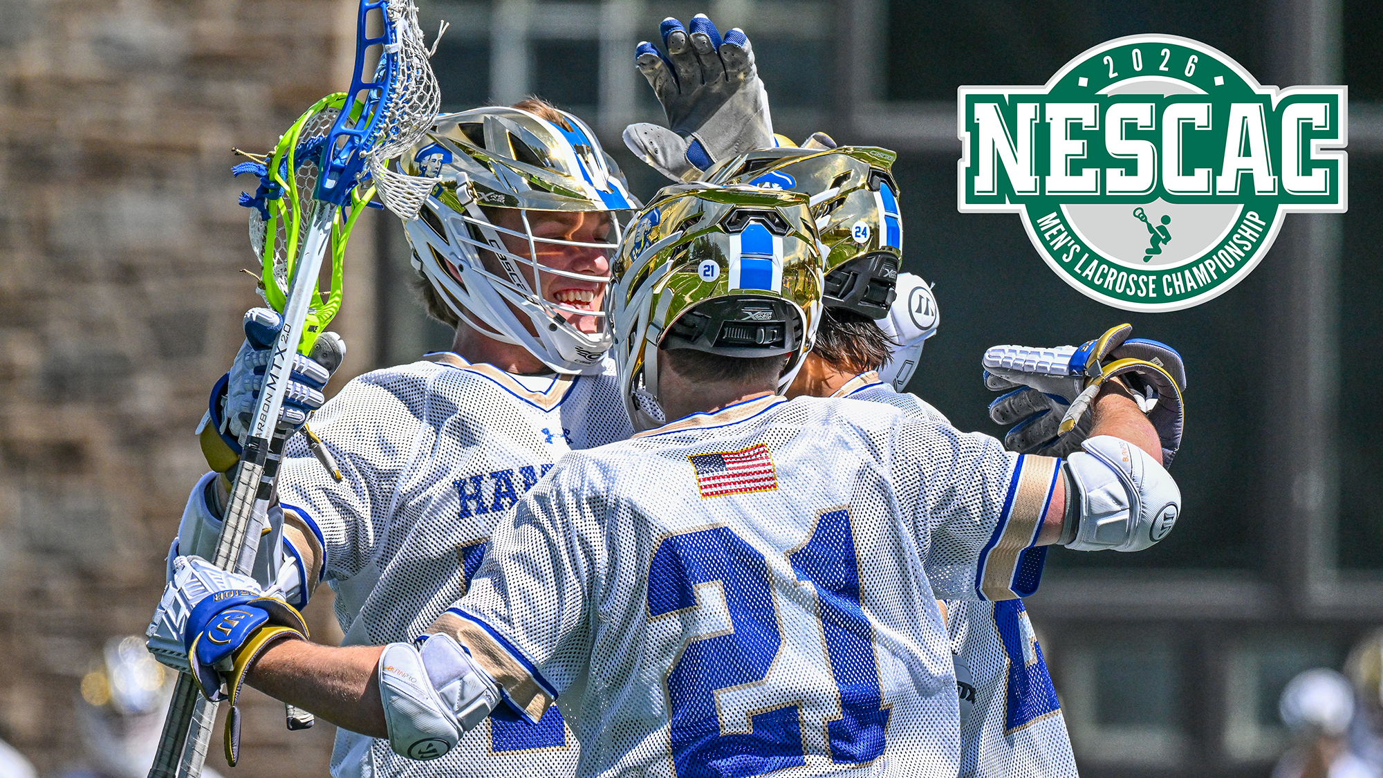 Men's Lacrosse players celebrate after scoring a goal