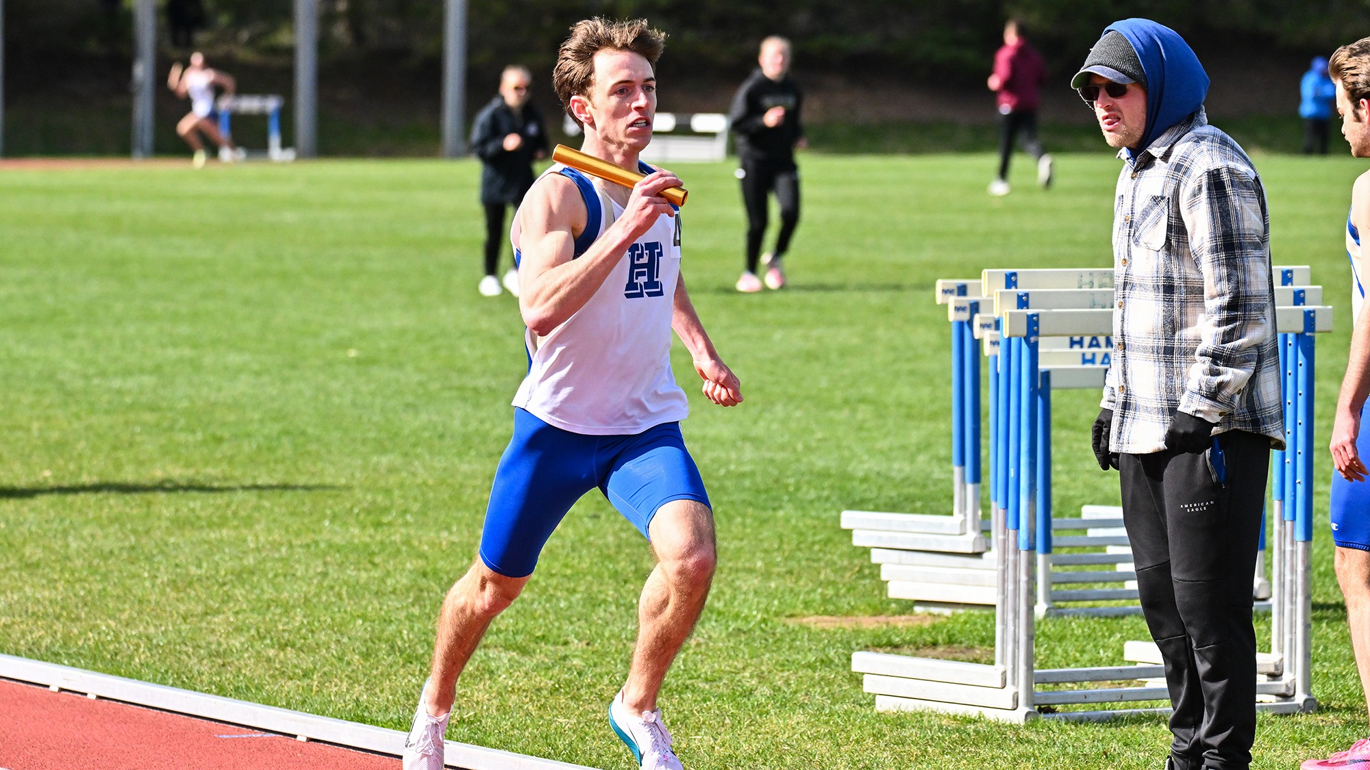 Jack Quinn runs his leg of the 4x400 meter relay in the Hamilton Outdoor Track and Field Invitational in April 2026