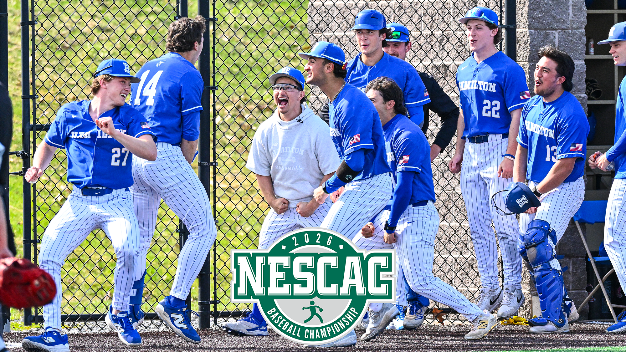 Baseball players celebrate a home run in a 2026 game against Wesleyan