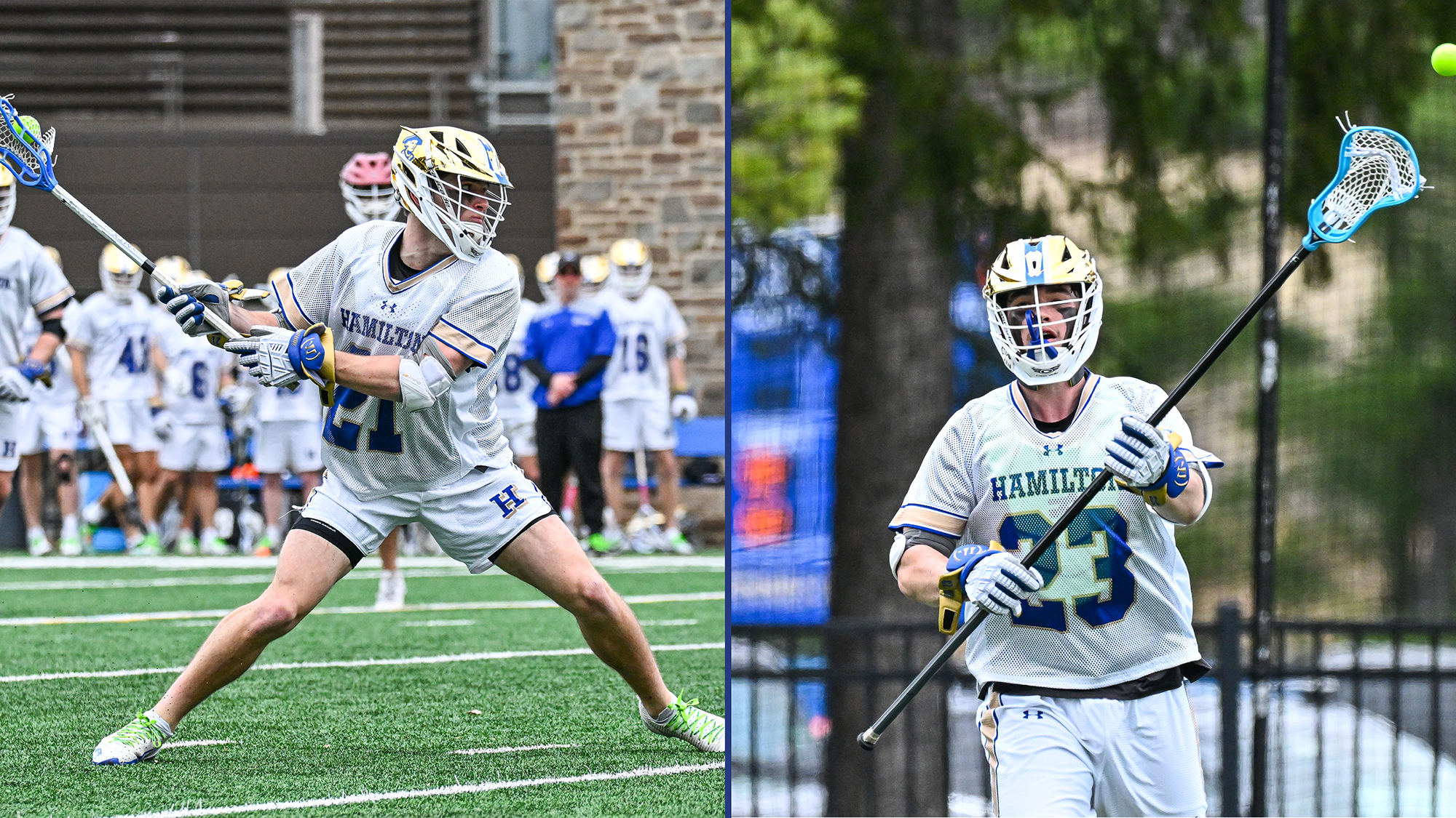 Action photos of 2026 all-NESCAC Men's Lacrosse team members Carson Kraus and Riley Chai-Onn