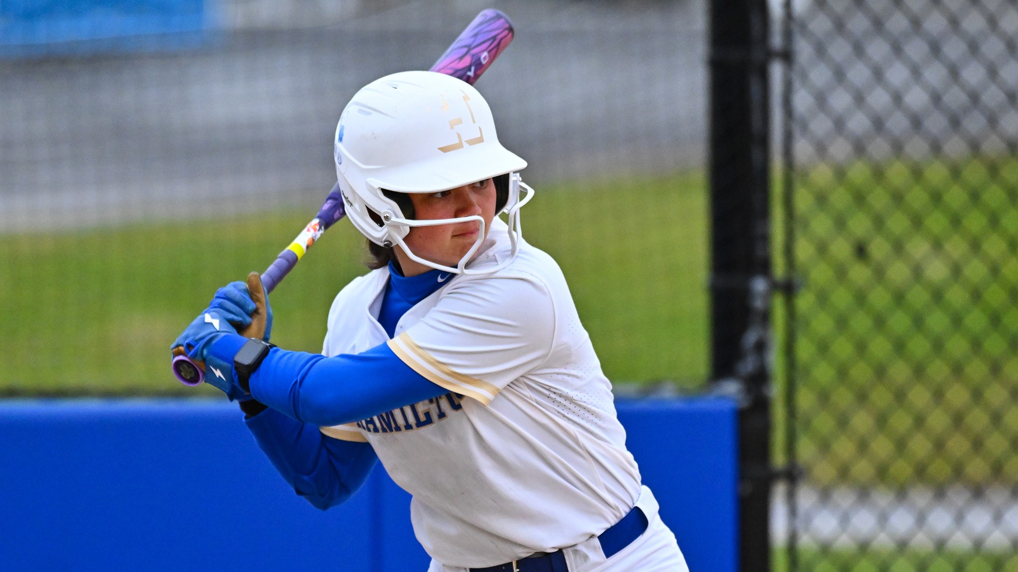 Jess Chieco waits for a pitch in a softball game against Ithaca