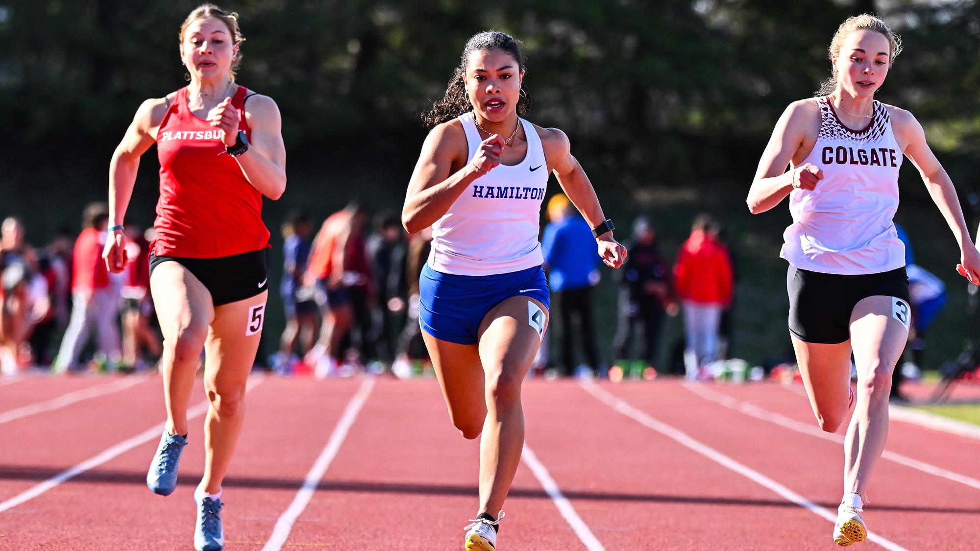 Tatiana McCray finishes the 100-meter dash in the 2025 Hamilton Outdoor Track and Field Invitational