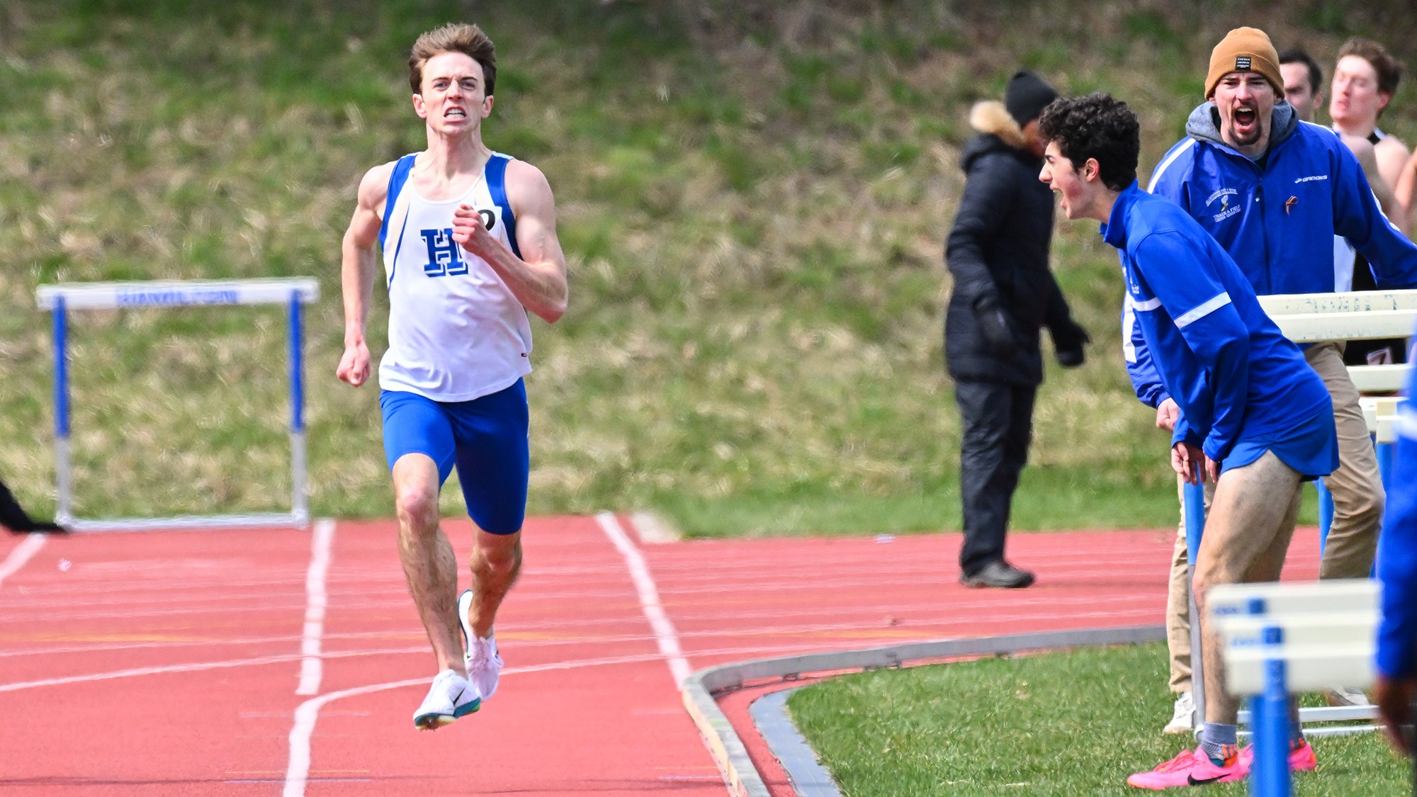 Jack Quinn comes to the homestretch in the 800 meters in the 2026 Hamilton Outdoor Track and Field Invitational