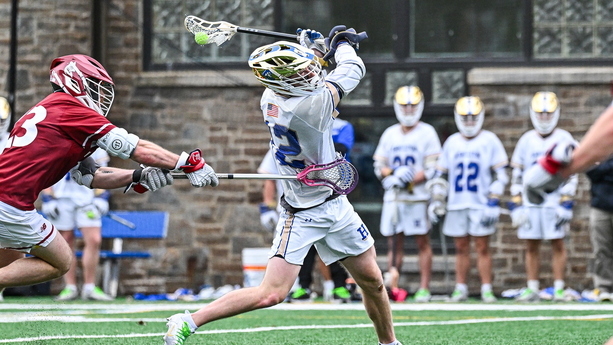Jesse Delinsky shoots the ball in a 2026 men's lacrosse game against Bates