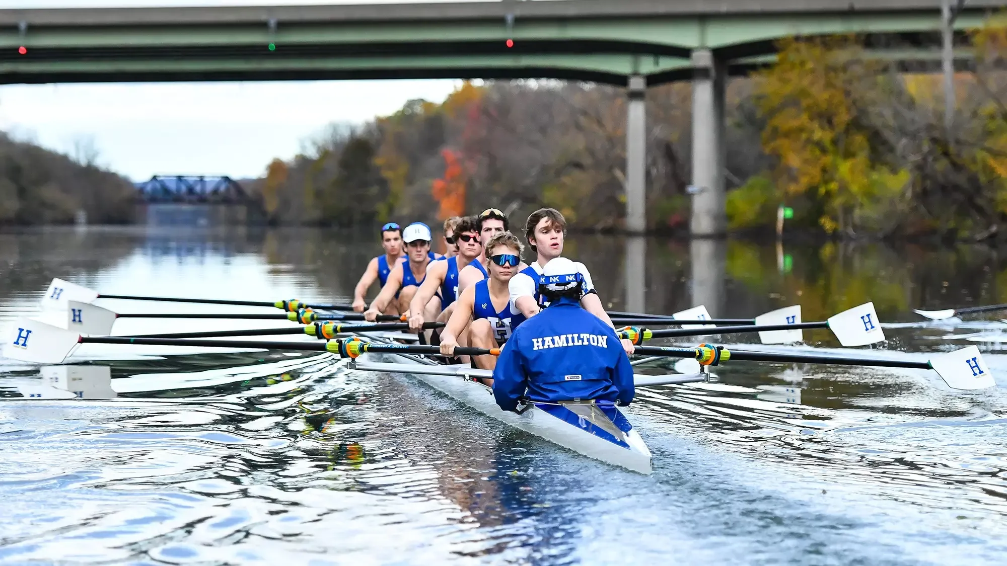 Members of the Men's Rowing team practice on the Erie Canal in October 2025