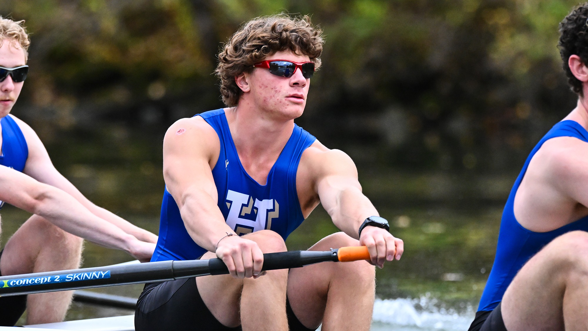 Aksel Moon rows during men's rowing practice on the Erie Canal in October 2025