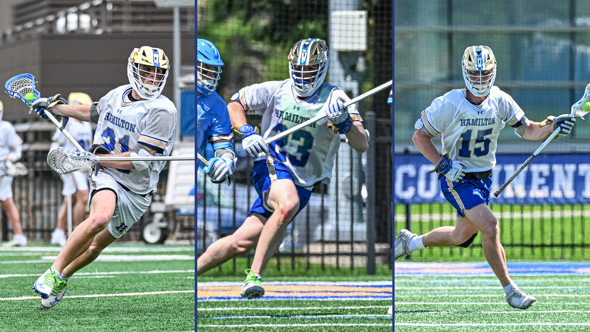 Action photos of the three Men's Lacrosse athletes who made the 2026 USILA All-America Team