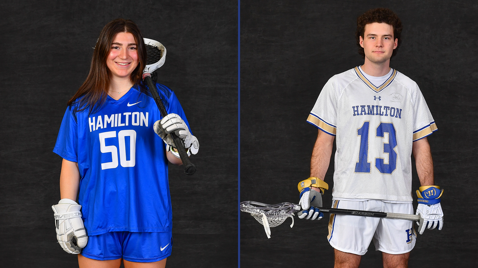 Lacrosse players Eliza Schwarz and Charlie Rooney strike a pose at 2026 spring sports media days