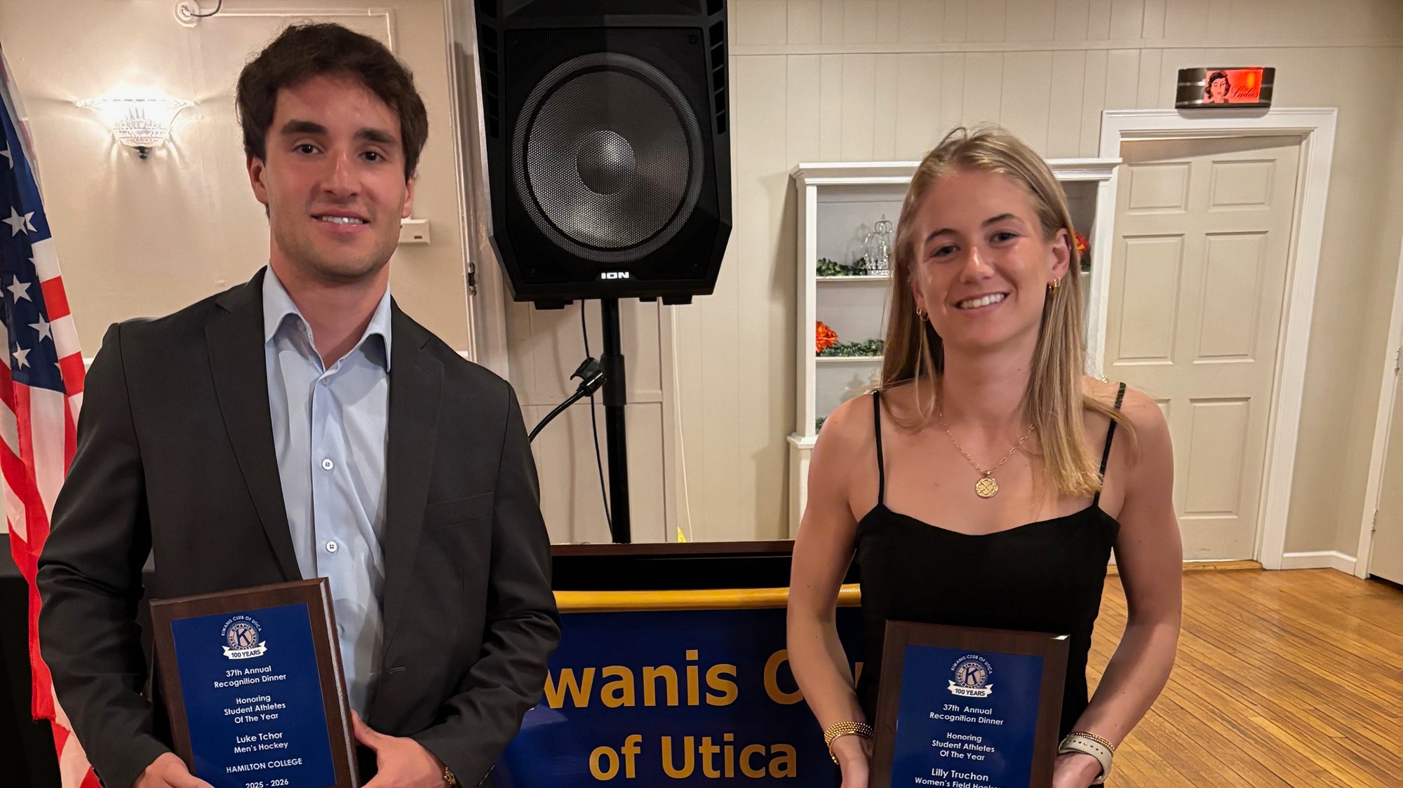 2025-26 Kiwanis Award winners Luke Tchor and Lilly Truchon pose with their plaques at Club Monarch